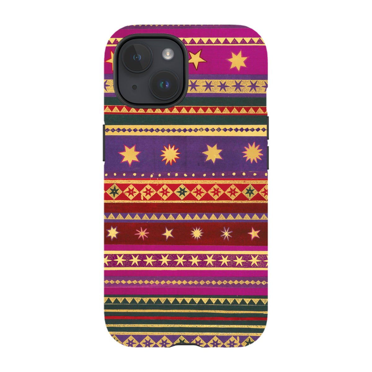iPhone tough case featuring a vibrant, multi-colored striped pattern with gold star motifs and dual-layer protection.
