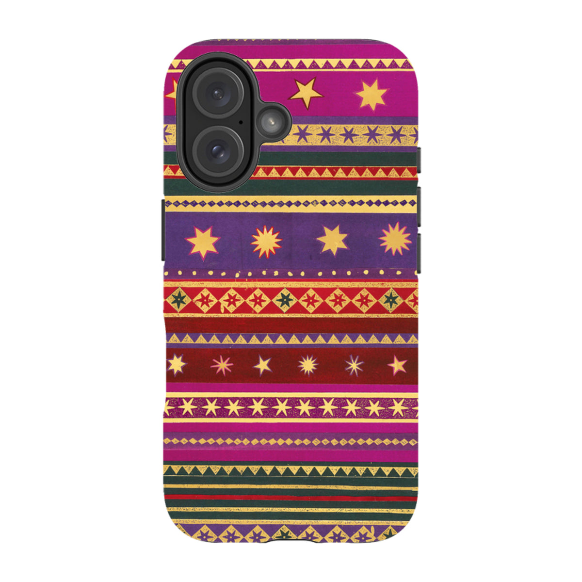iPhone tough case with a vibrant, multi-colored geometric pattern featuring yellow stars and horizontal stripes.