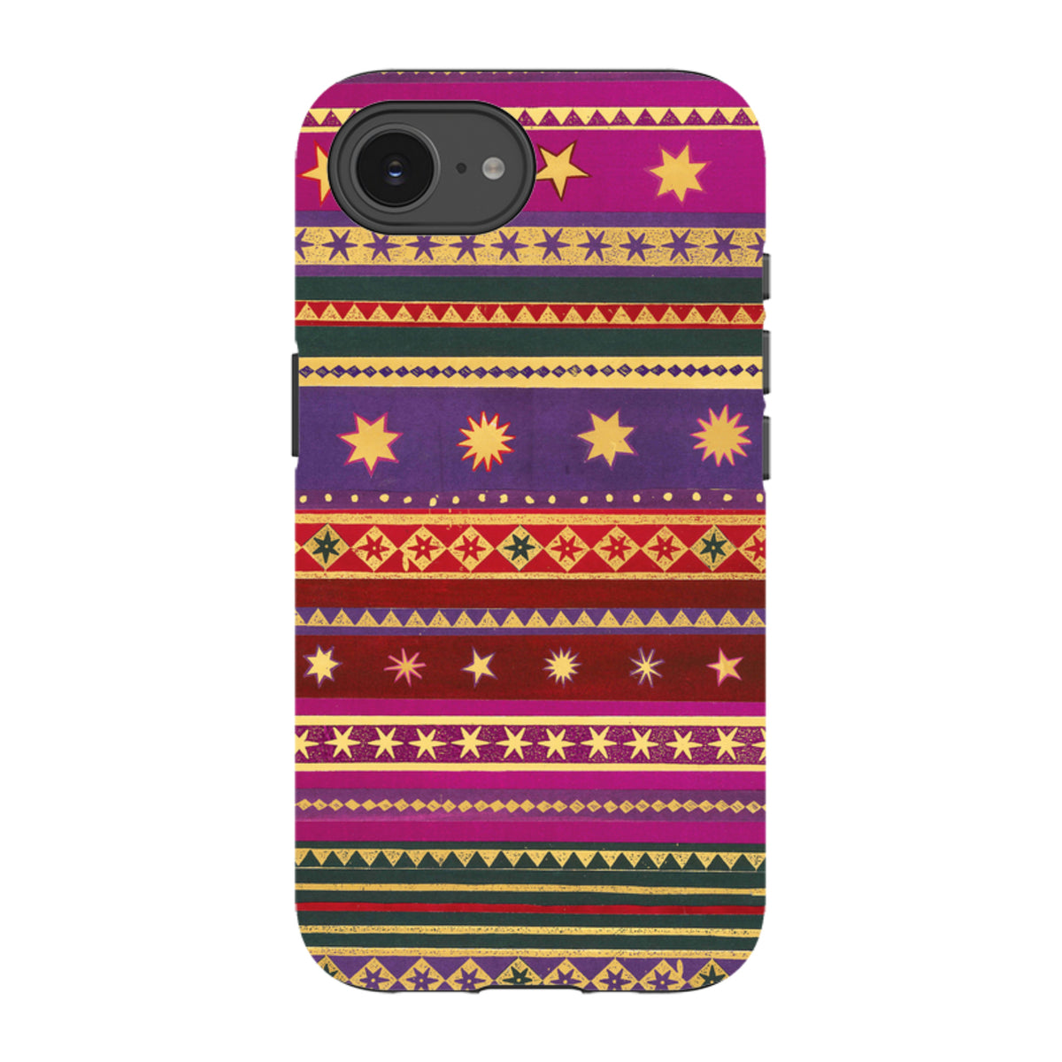 iPhone tough case featuring a vibrant, multi-colored striped pattern with gold star motifs and dual-layer protection.