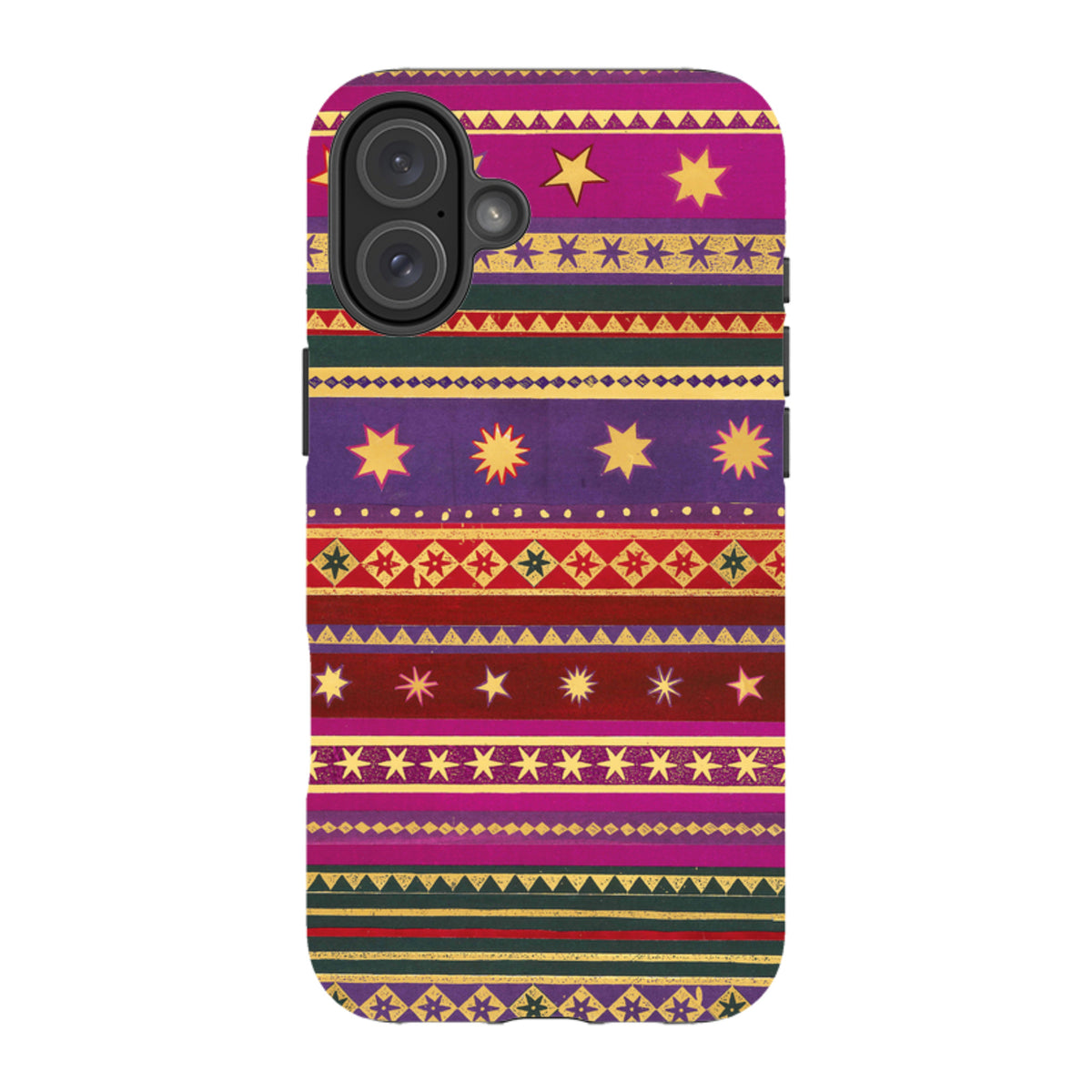 Dual-layer iPhone tough case featuring a colorful, patterned design with yellow stars and geometric stripes.