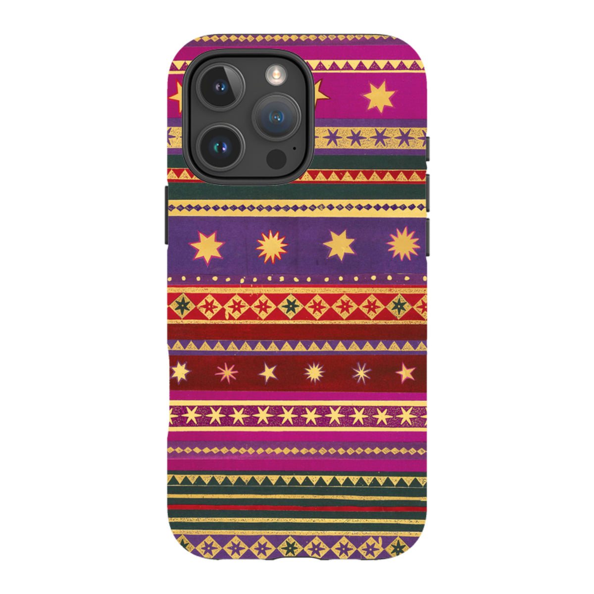 iPhone tough case featuring a vibrant, multi-colored geometric pattern with yellow stars on purple, red, and green stripes.