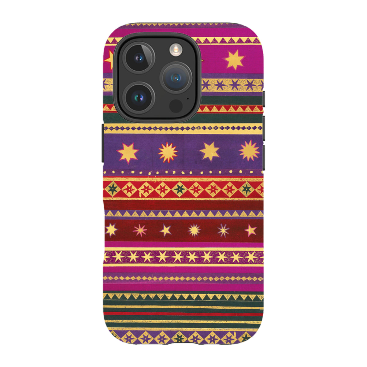 iPhone tough case with a vibrant, multi-colored geometric star pattern and dual-layer protective design.