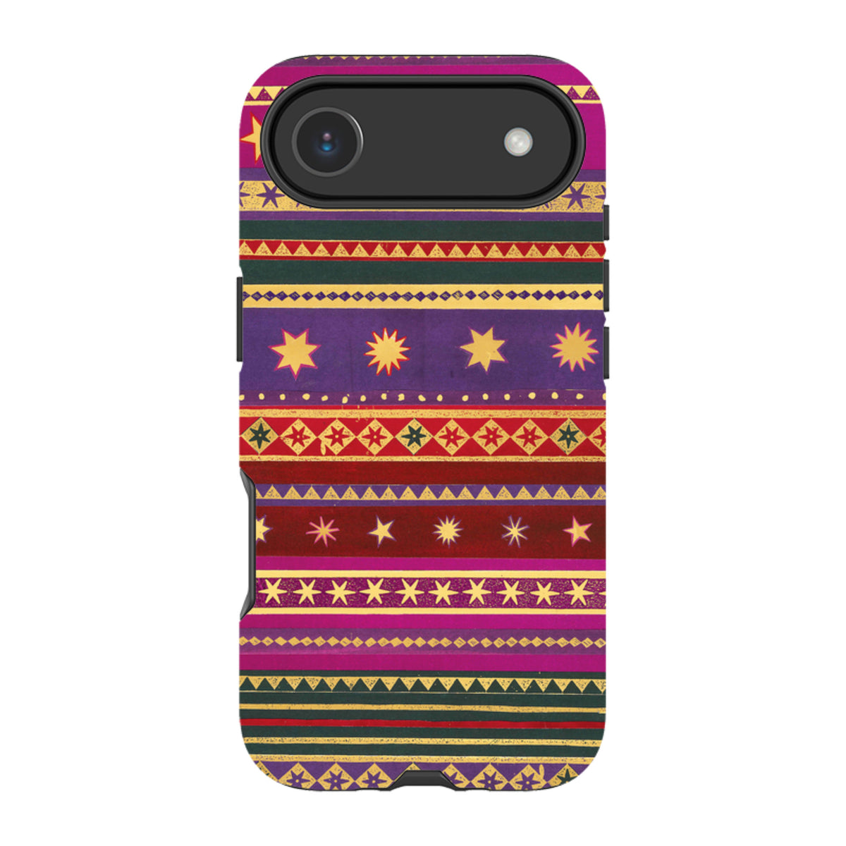iPhone tough case featuring a colorful, patterned design with yellow stars and geometric stripes on a dual-layer shell.