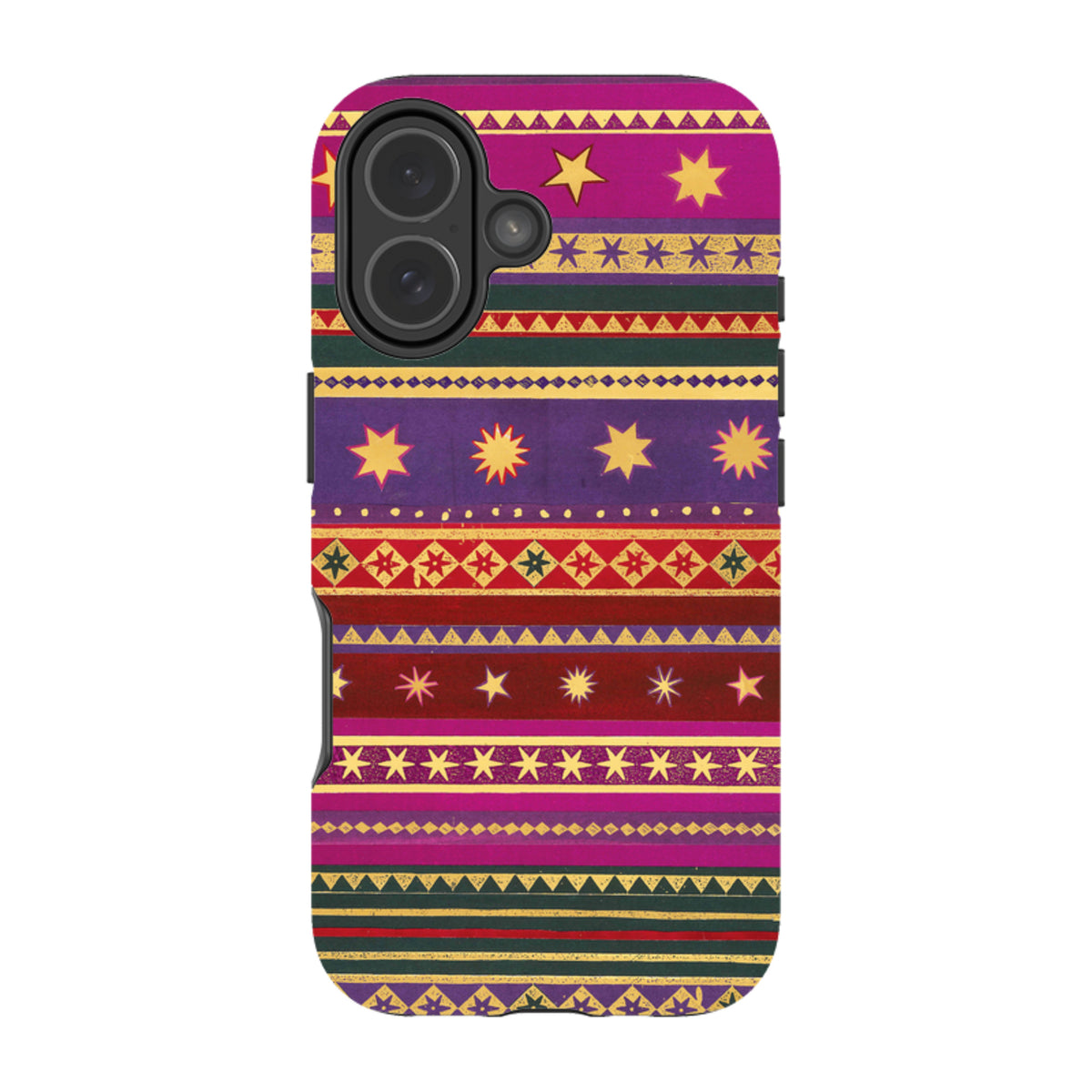Dual-layer iPhone tough case featuring a vibrant, multicolored geometric pattern with yellow stars on a purple and red background.