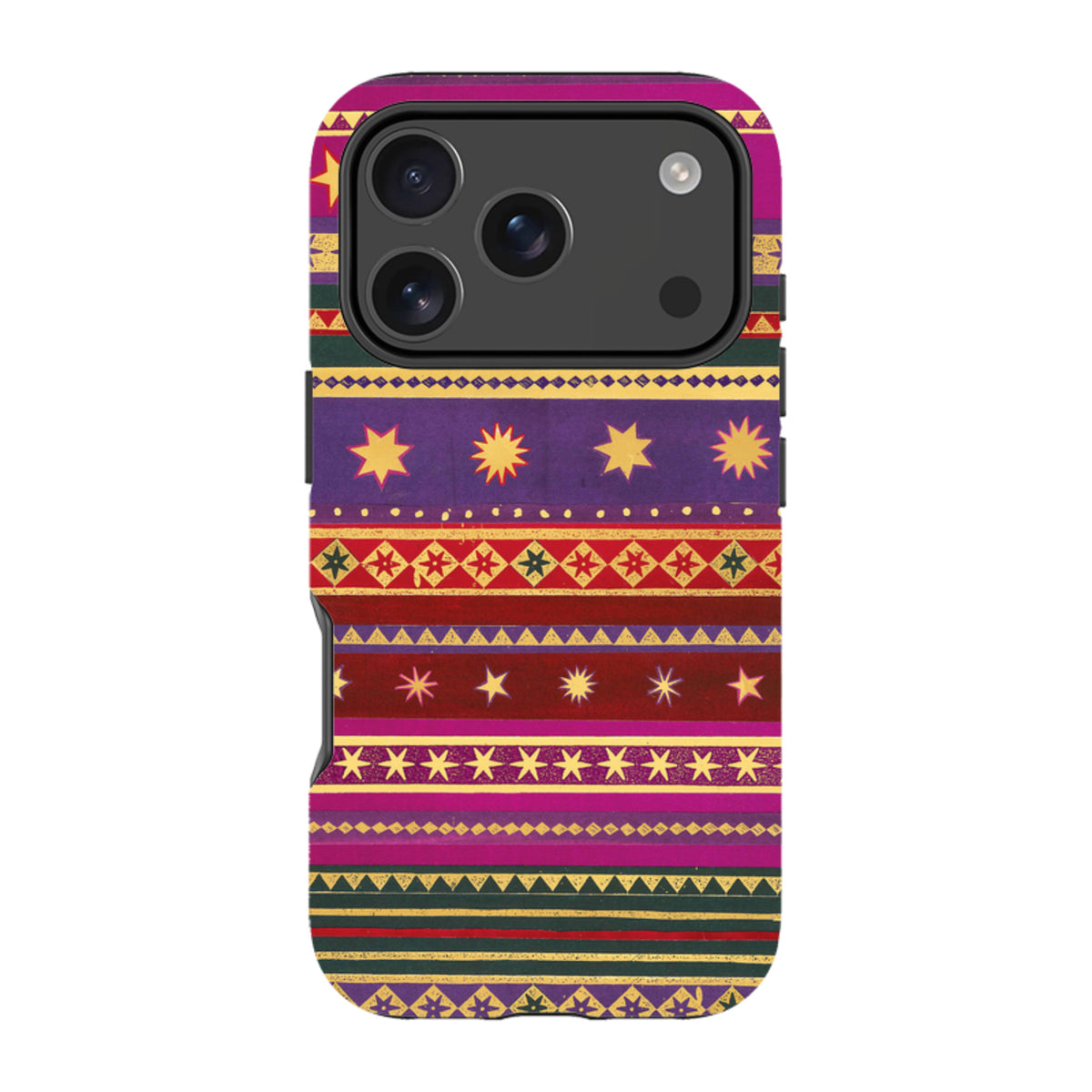 iPhone tough case with a vibrant, multi-colored geometric star pattern in purple, red, and gold with dual-layer protection.