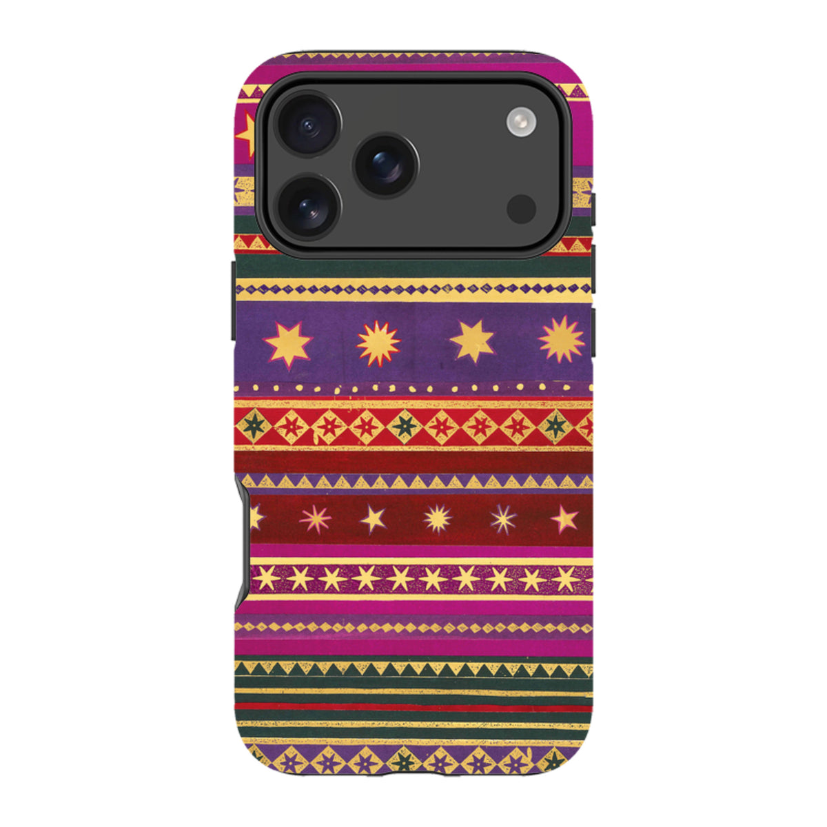 iPhone tough case with Starry by Jehane art featuring colorful horizontal stripes, geometric patterns, and yellow stars.