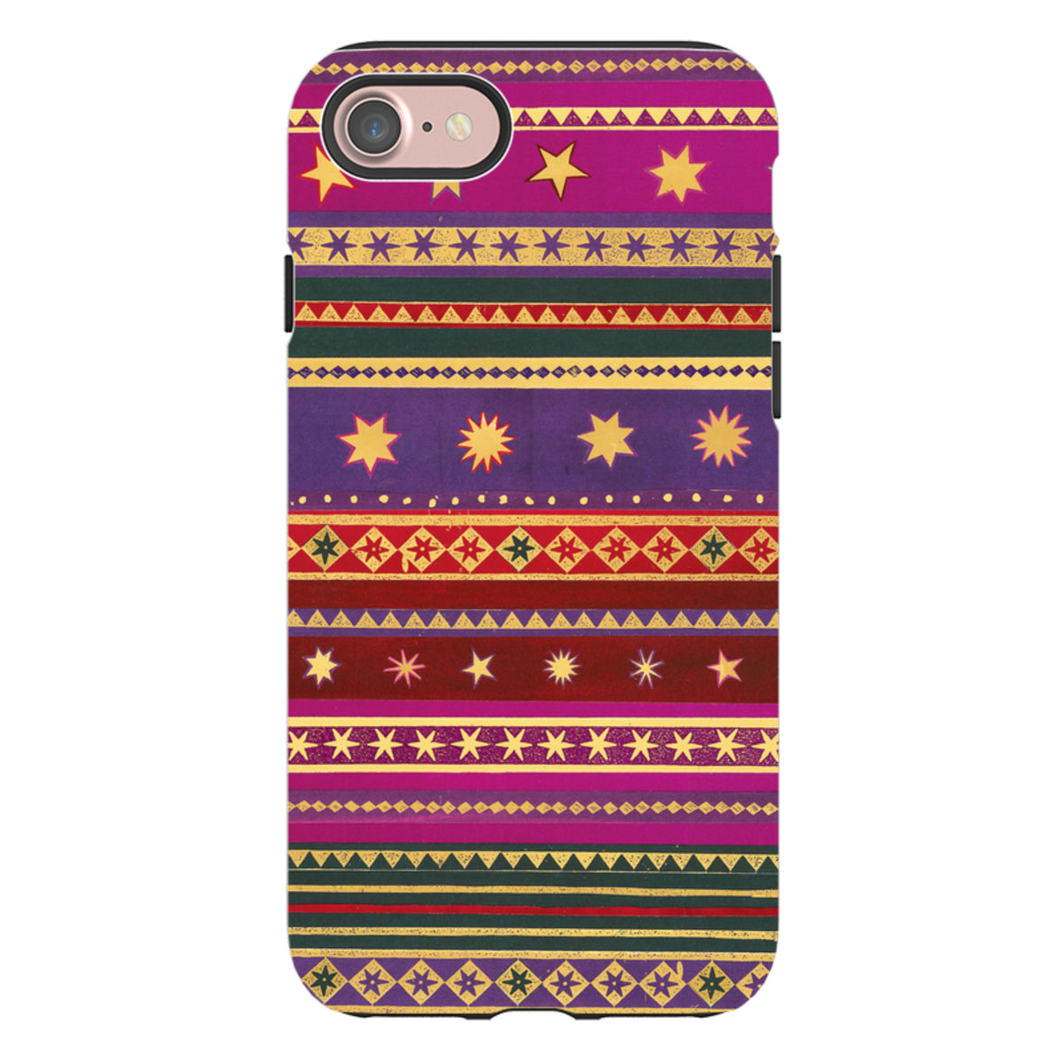 iPhone Tough Case featuring a vibrant, multi-colored geometric pattern with gold stars and tribal stripes.