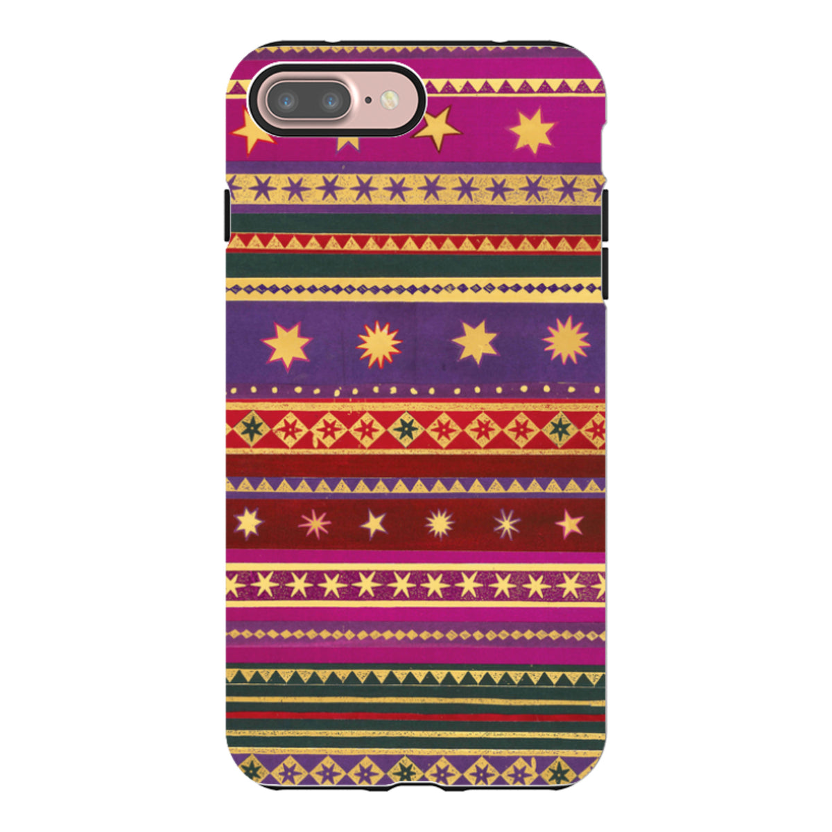 iPhone tough case with a colorful, bohemian-style pattern of gold stars and geometric stripes on a dual-layer shell.