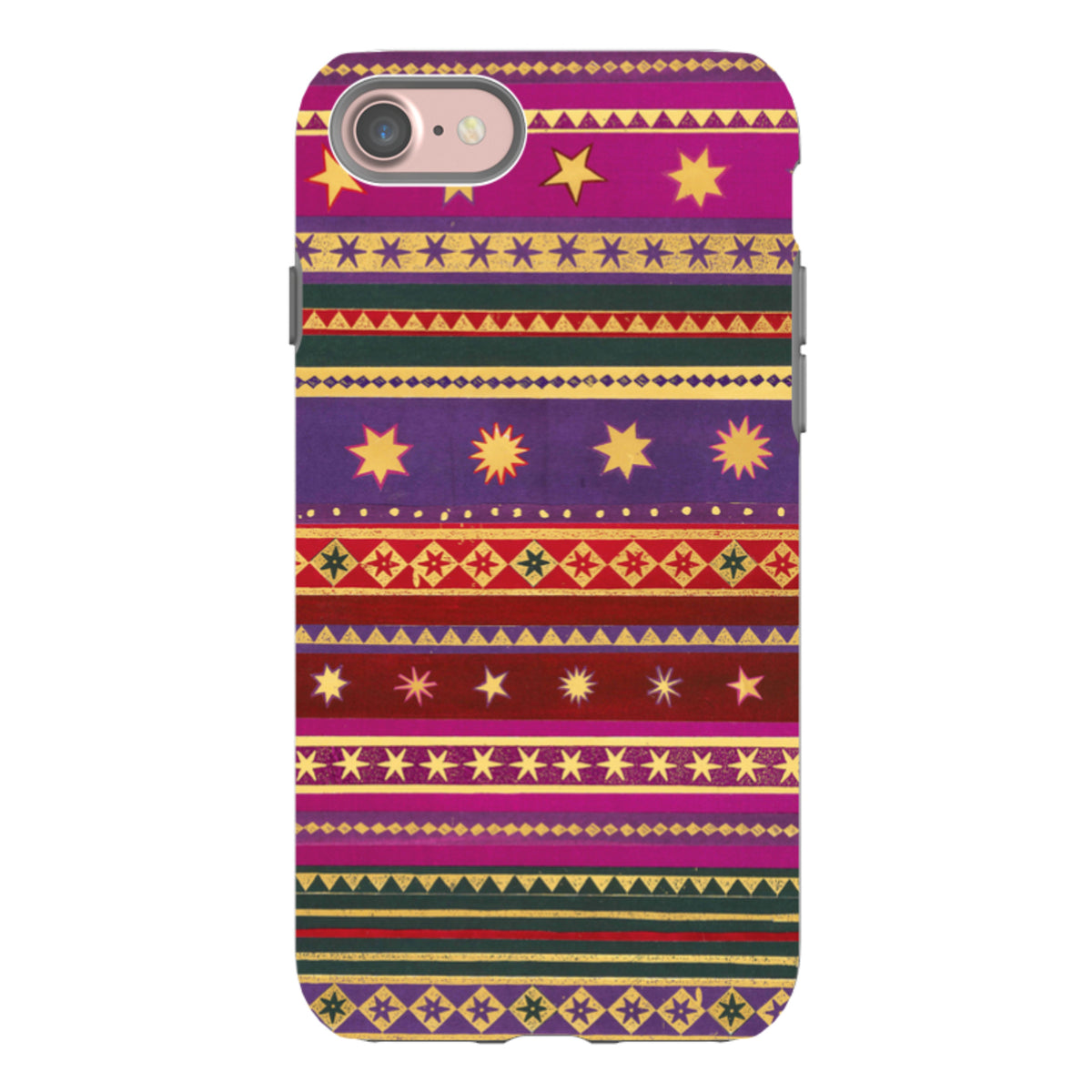 iPhone tough case featuring a vibrant, multi-colored geometric pattern with yellow stars on purple, red, and green stripes.