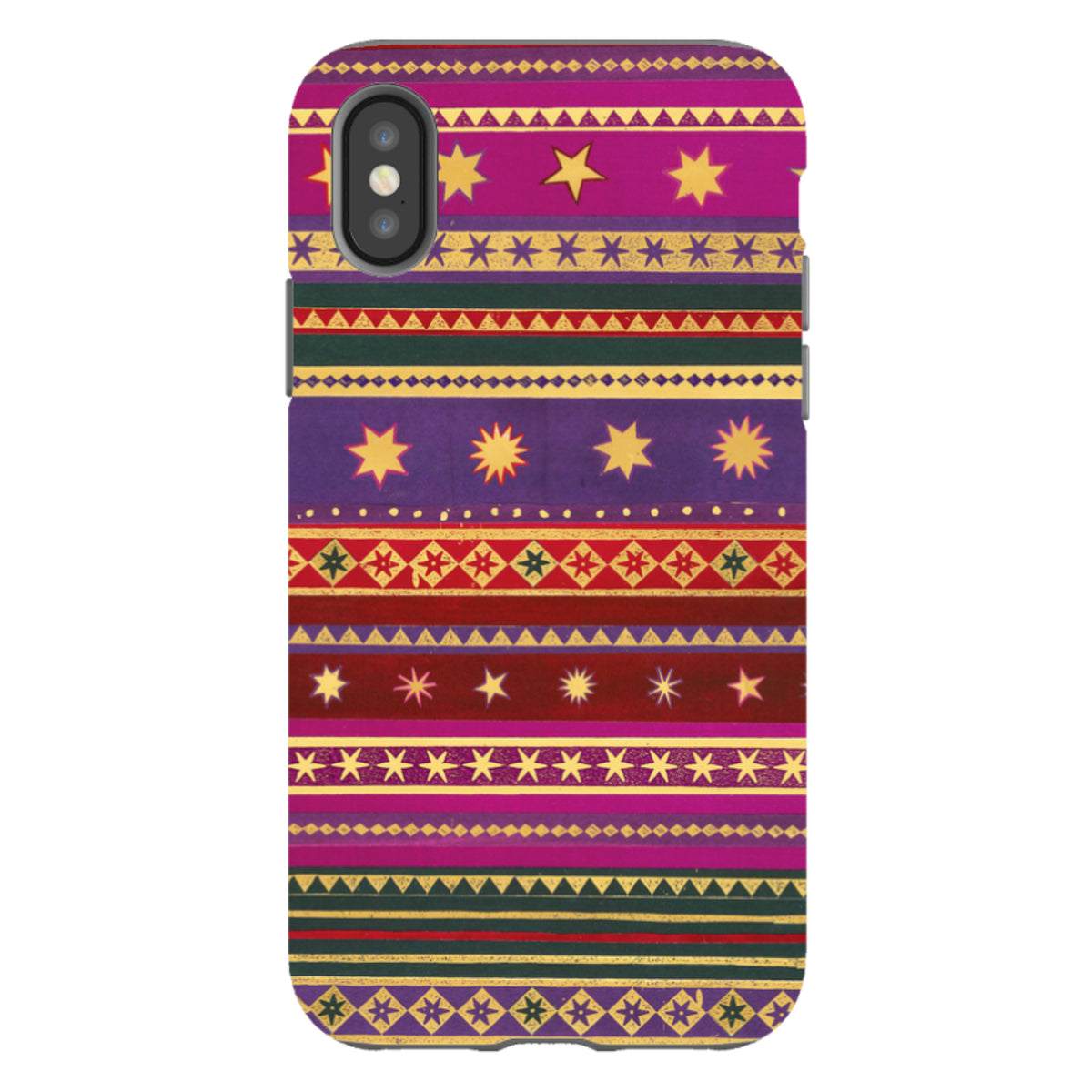 iPhone Tough Case featuring a vibrant, multi-colored striped pattern with yellow stars and geometric tribal motifs.