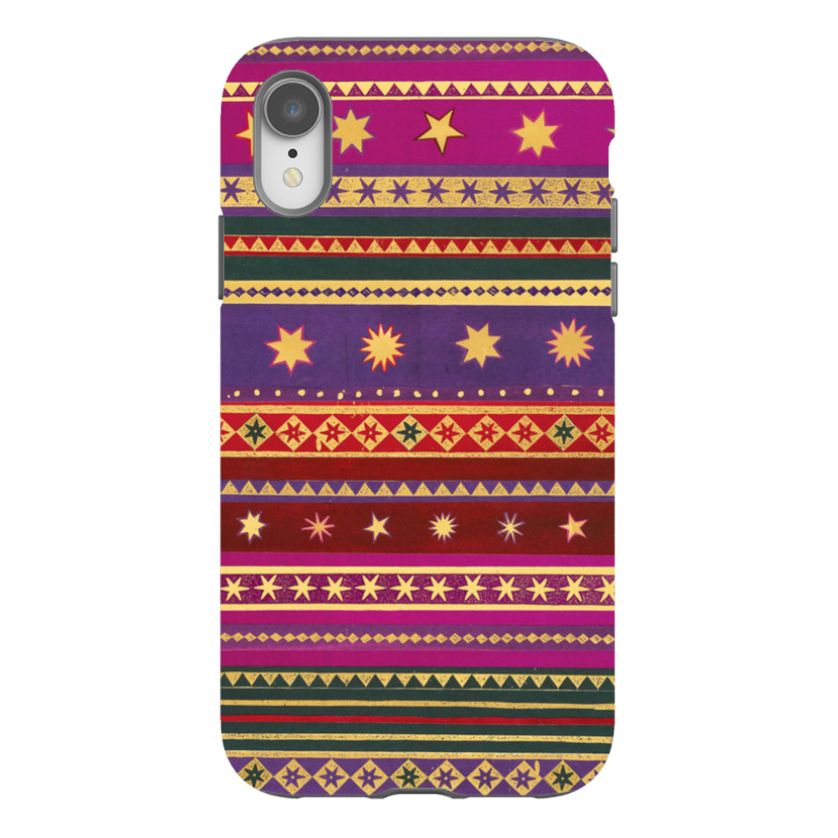 iPhone tough case featuring a vibrant, multi-colored geometric pattern with stars and stripes on a durable dual-layer shell.