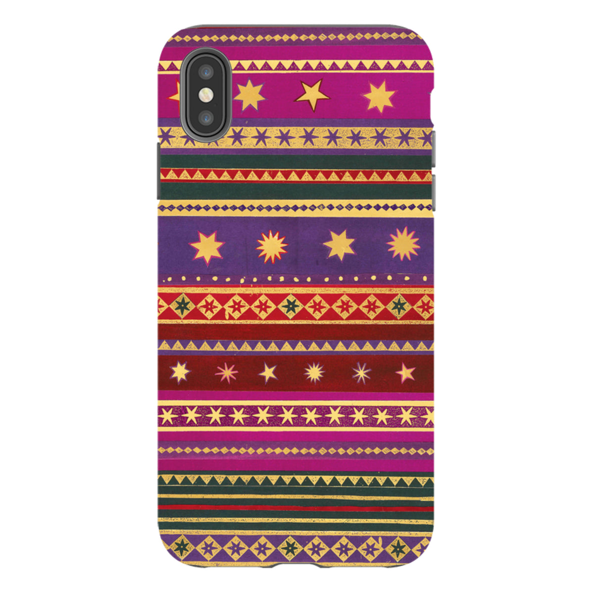 iPhone Tough Case featuring a vibrant, multi-colored geometric pattern with gold stars on purple, red, and green stripes.