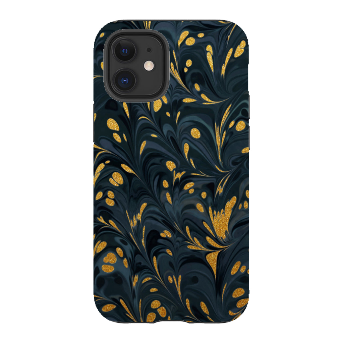 iPhone tough case with a stormy dark blue and gold marbled pattern, featuring dual-layer protection and camera cutout.