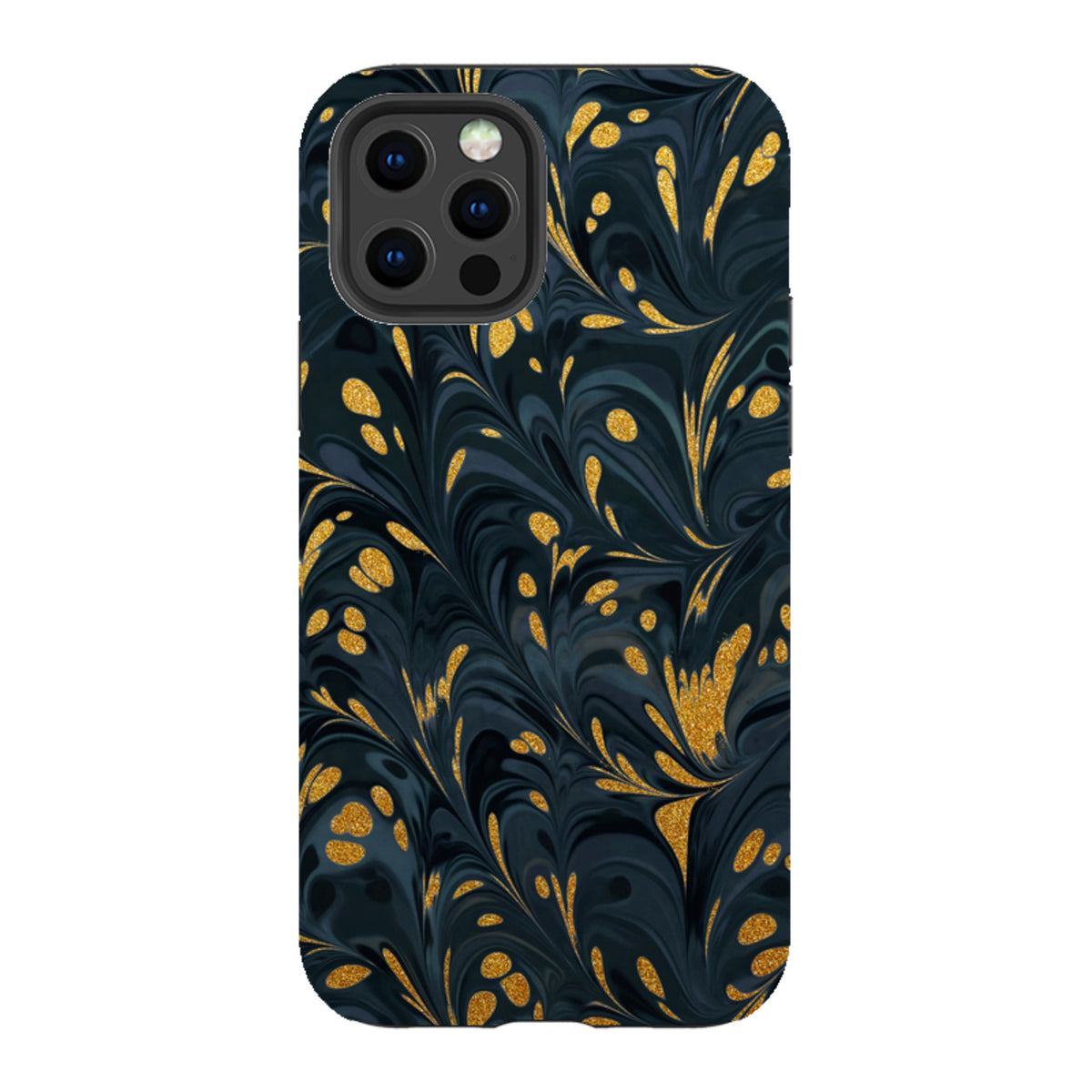 Stormy dual-layer iPhone case featuring a dark marble pattern with shimmering gold accents and a protective camera cutout.
