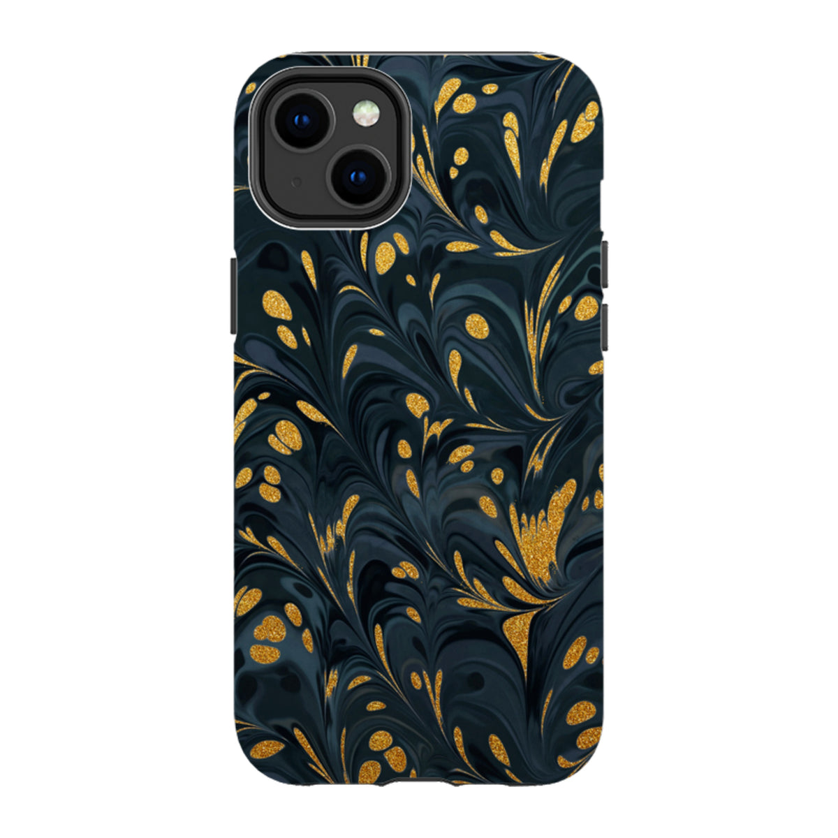 iPhone Tough Case in Stormy design featuring a dark marble pattern with elegant gold leaf accents and dual-layer protection.