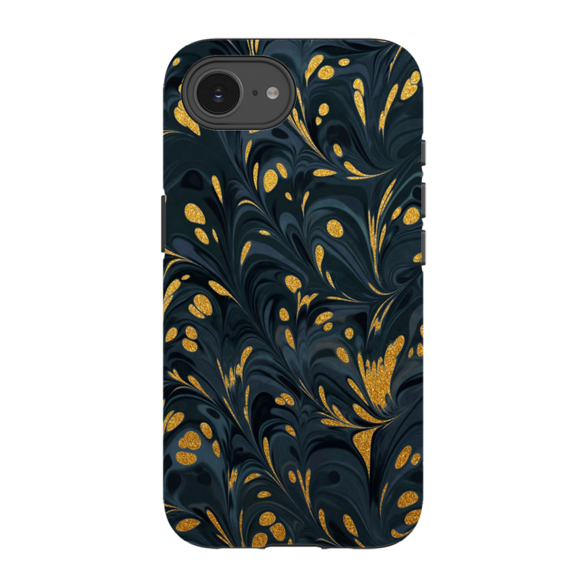 iPhone tough case with a dark stormy marble pattern and shimmering gold accents, featuring a dual-layer protective design.