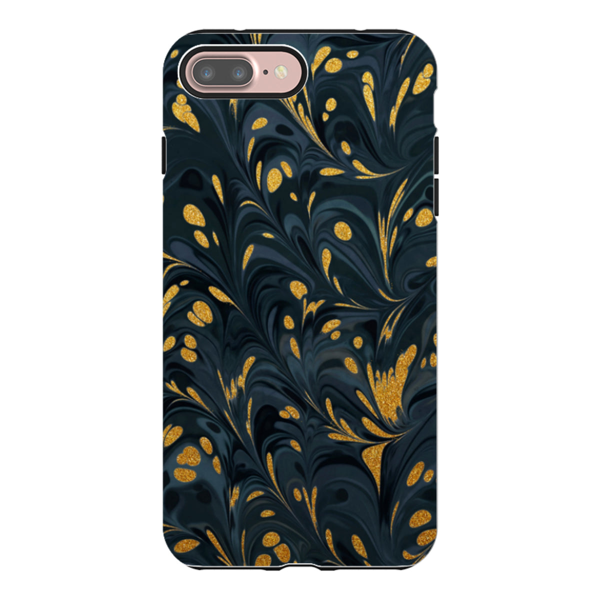 iPhone tough case with a stormy dark blue and gold marble swirl design, featuring a dual-layer protective shell.