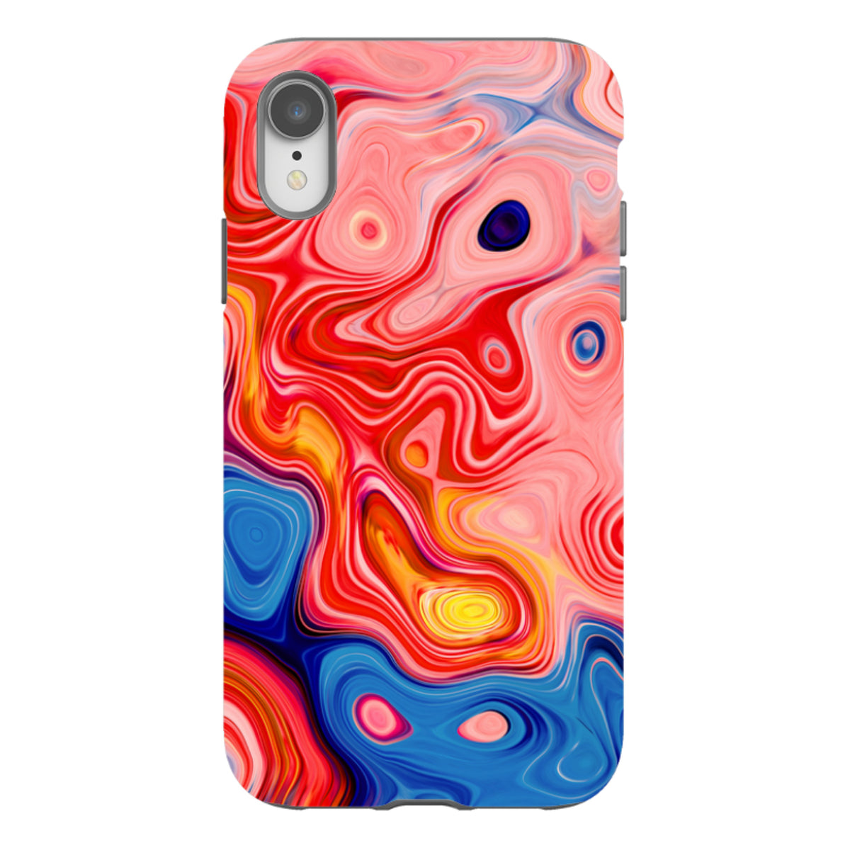 iPhone tough case featuring a vibrant, swirling strawberry-inspired abstract pattern in red, pink, and blue tones.