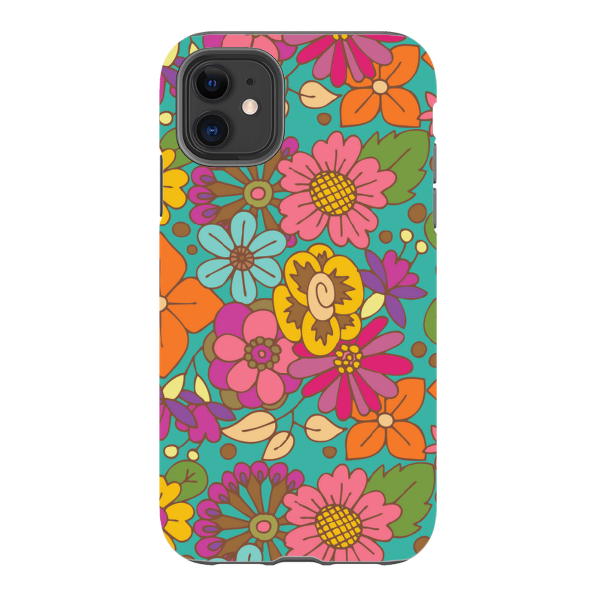 iPhone tough case with vibrant, colorful floral pattern on a teal background by Amelia Bowman, featuring dual-layer design.