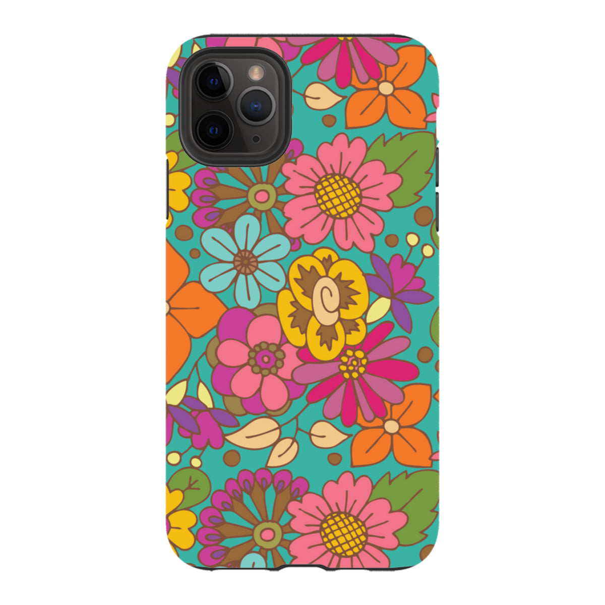 Dual-layer iPhone case with a vibrant, retro floral pattern in pink, orange, and teal on a turquoise background.