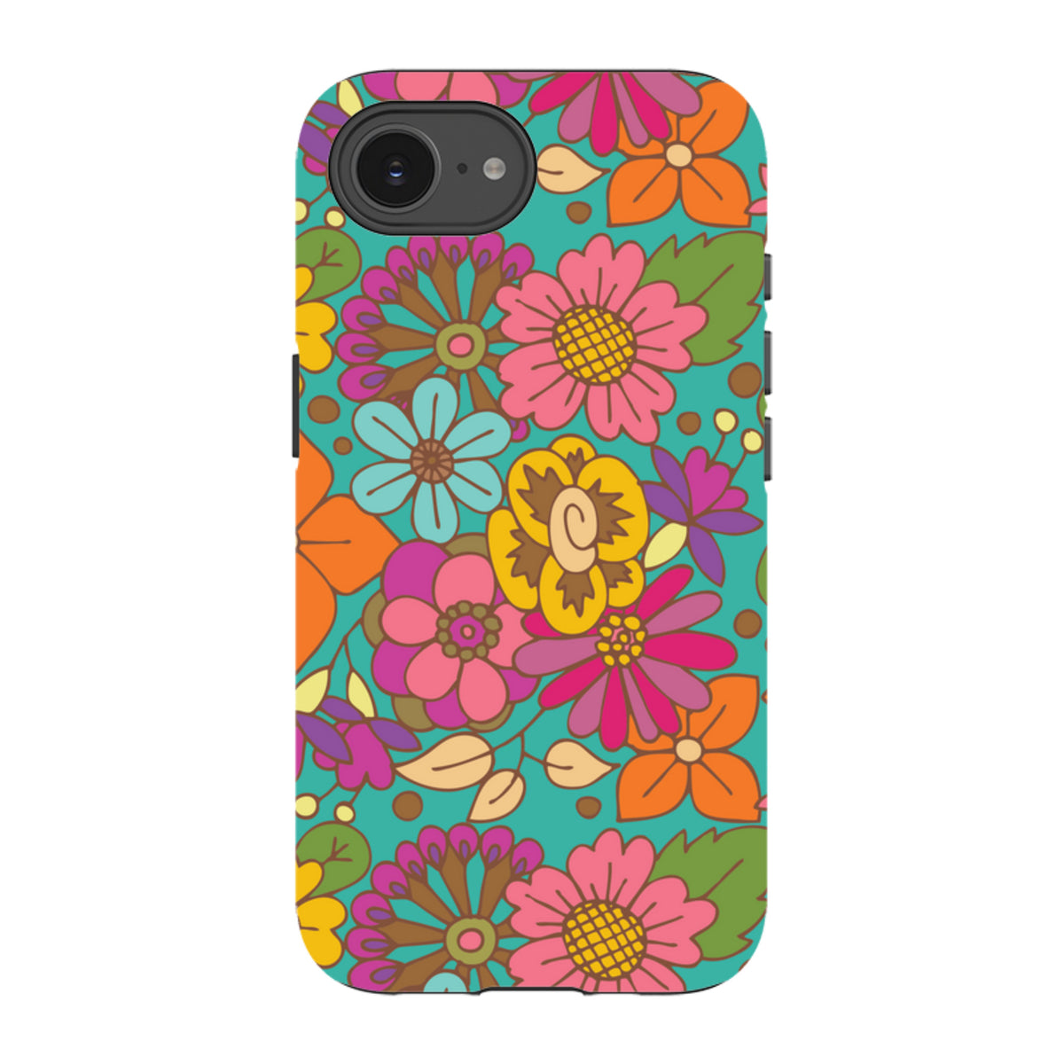 iPhone tough case with a vibrant, colorful floral pattern on a teal background and dual-layer protective design.