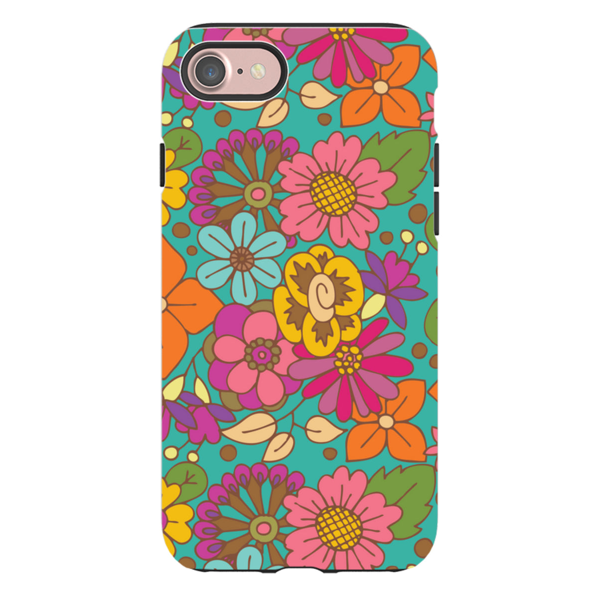Dual-layer iPhone tough case featuring a vibrant, colorful floral pattern on a teal background by Amelia Bowman.