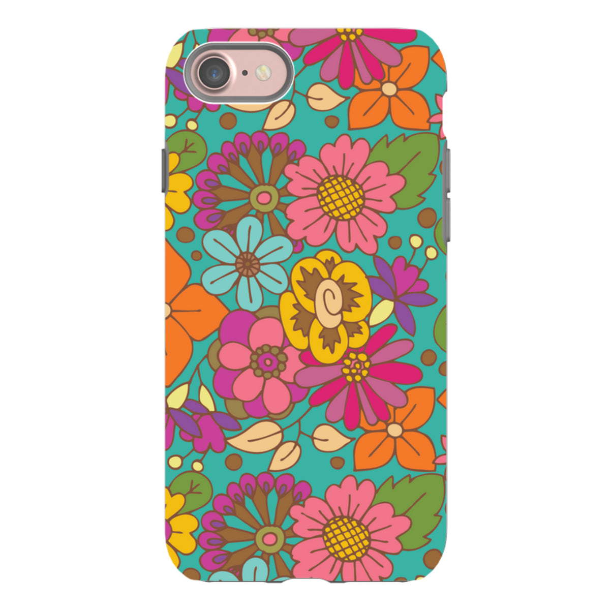 iPhone tough case with a vibrant floral pattern in pink, orange, and yellow on a teal background, featuring dual-layer design.
