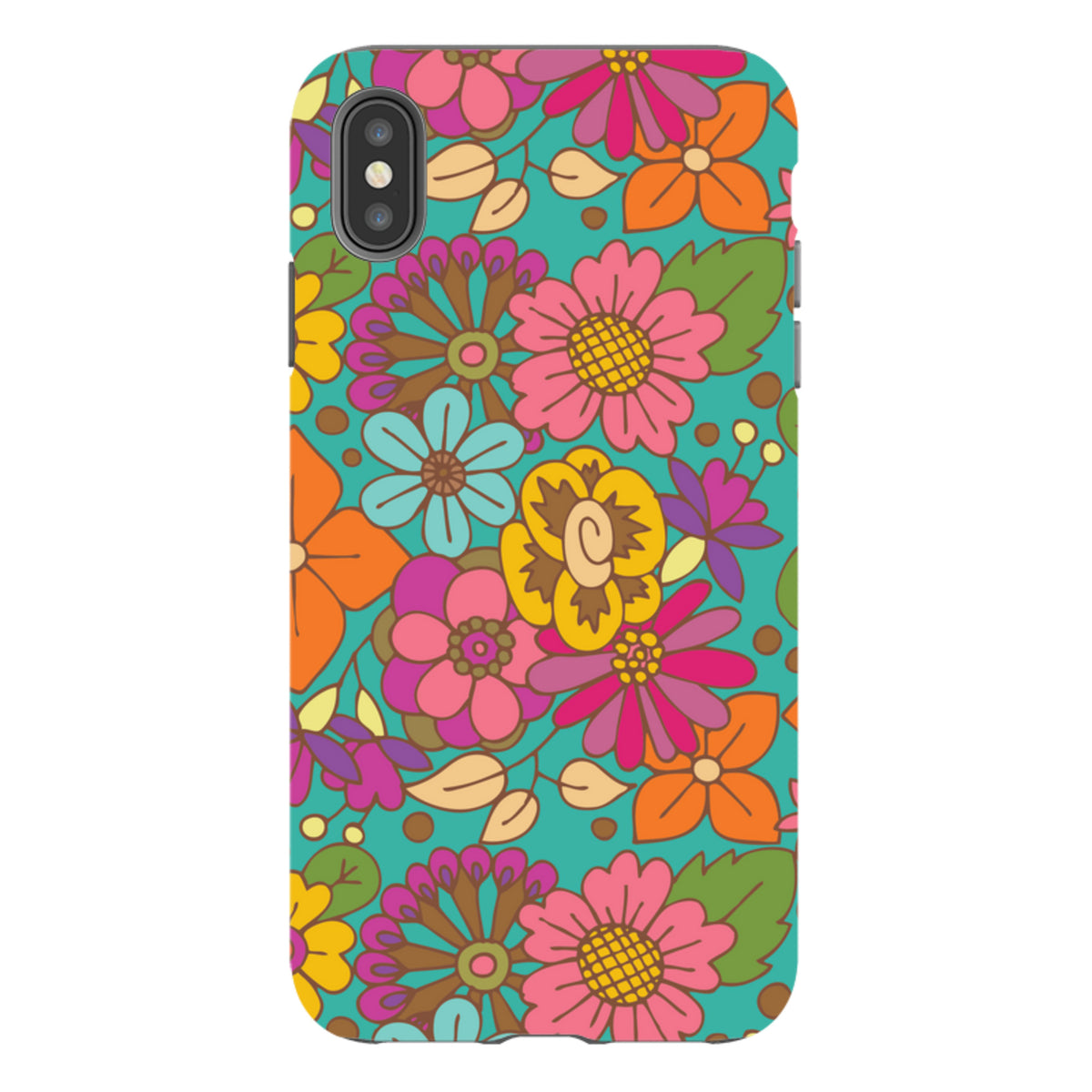 iPhone tough case featuring Amelia Bowman's vibrant floral summer pattern with colorful blooms on a teal background.
