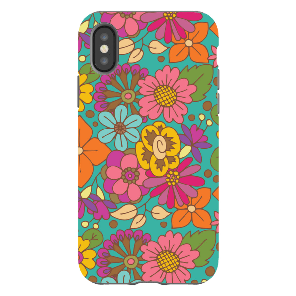 iPhone tough case with a vibrant, multi-colored floral pattern on a teal background and dual-layer protective design.