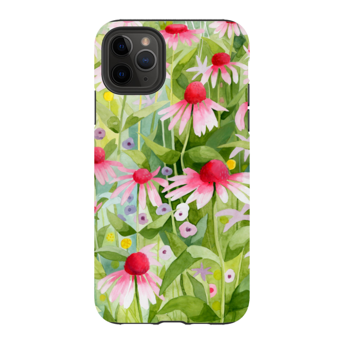 iPhone tough case featuring a vibrant watercolor Summer Echinacea floral print with pink flowers and green foliage.