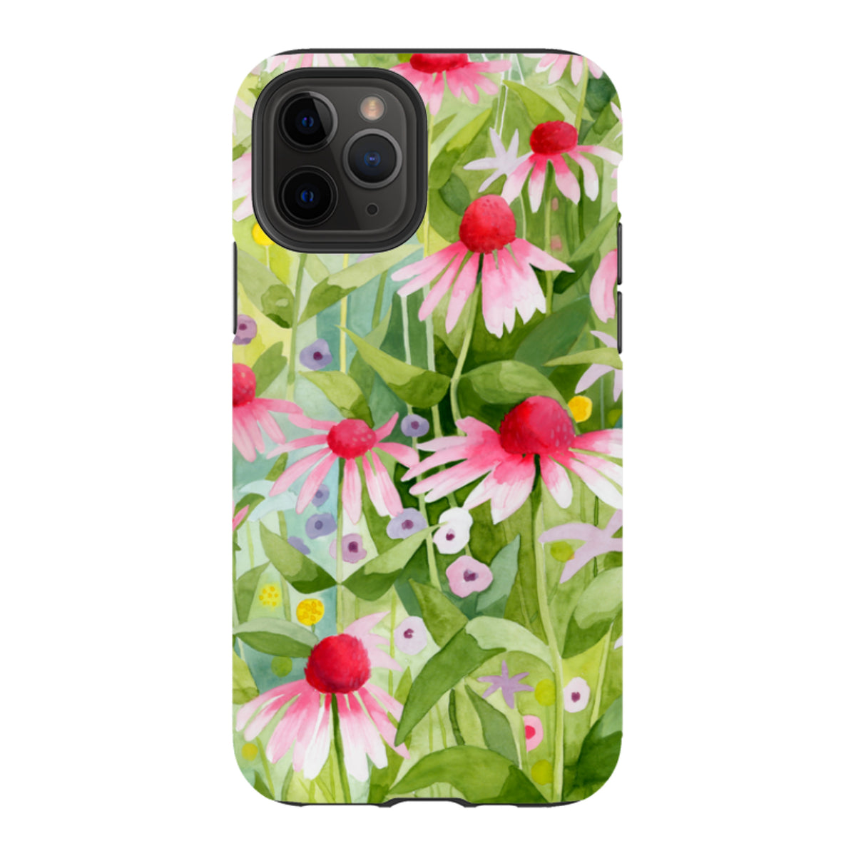 Dual-layer iPhone tough case featuring a vibrant watercolor print of pink echinacea flowers and green foliage.