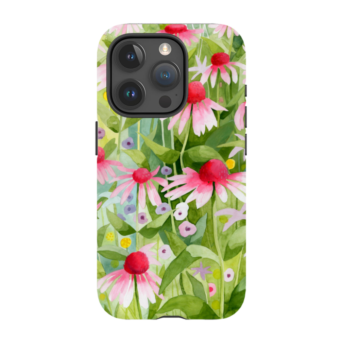 iPhone tough case featuring a vibrant watercolor Summer Echinacea floral print with pink flowers and green foliage.