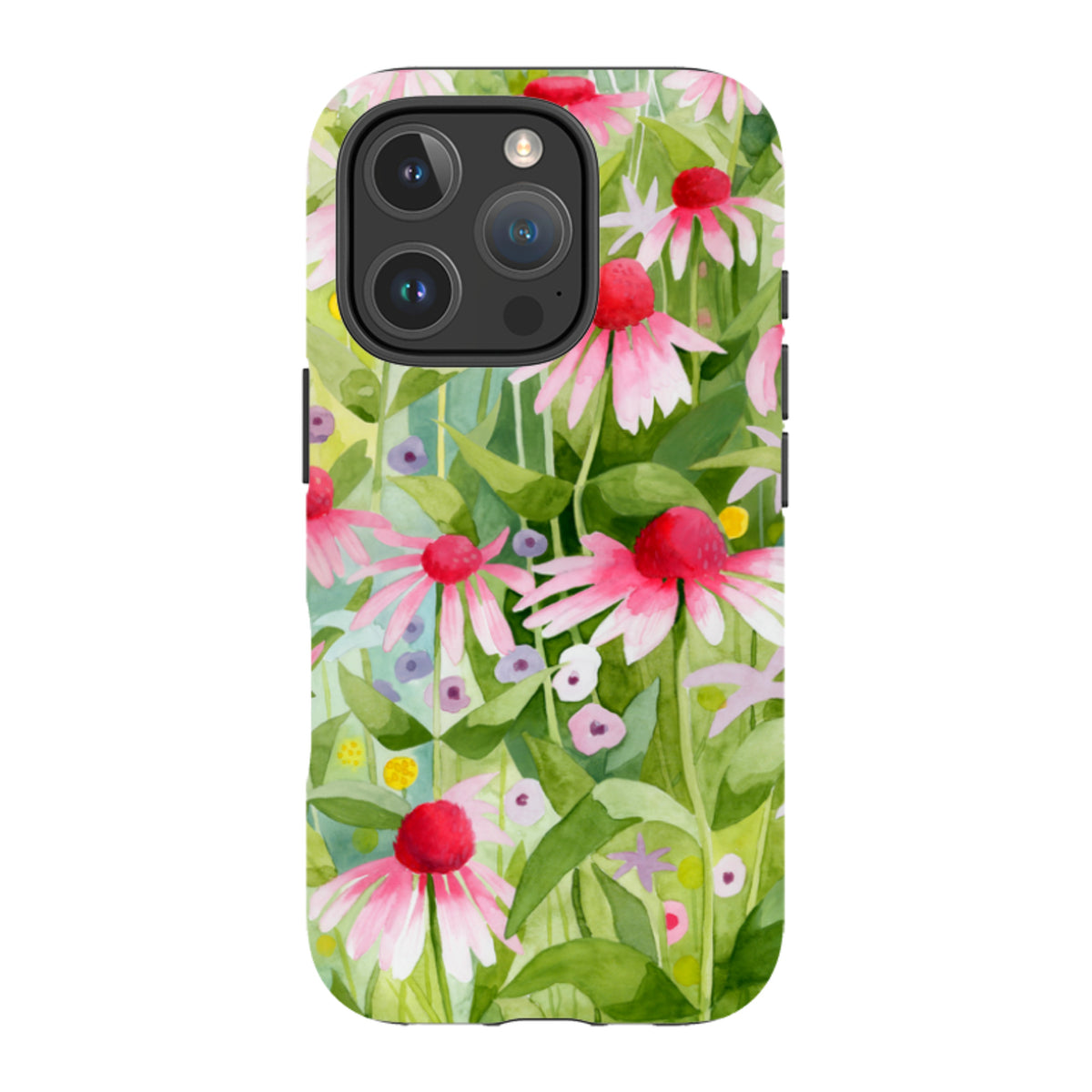 iPhone tough case featuring a vibrant watercolor Summer Echinacea floral print with pink flowers and green foliage.