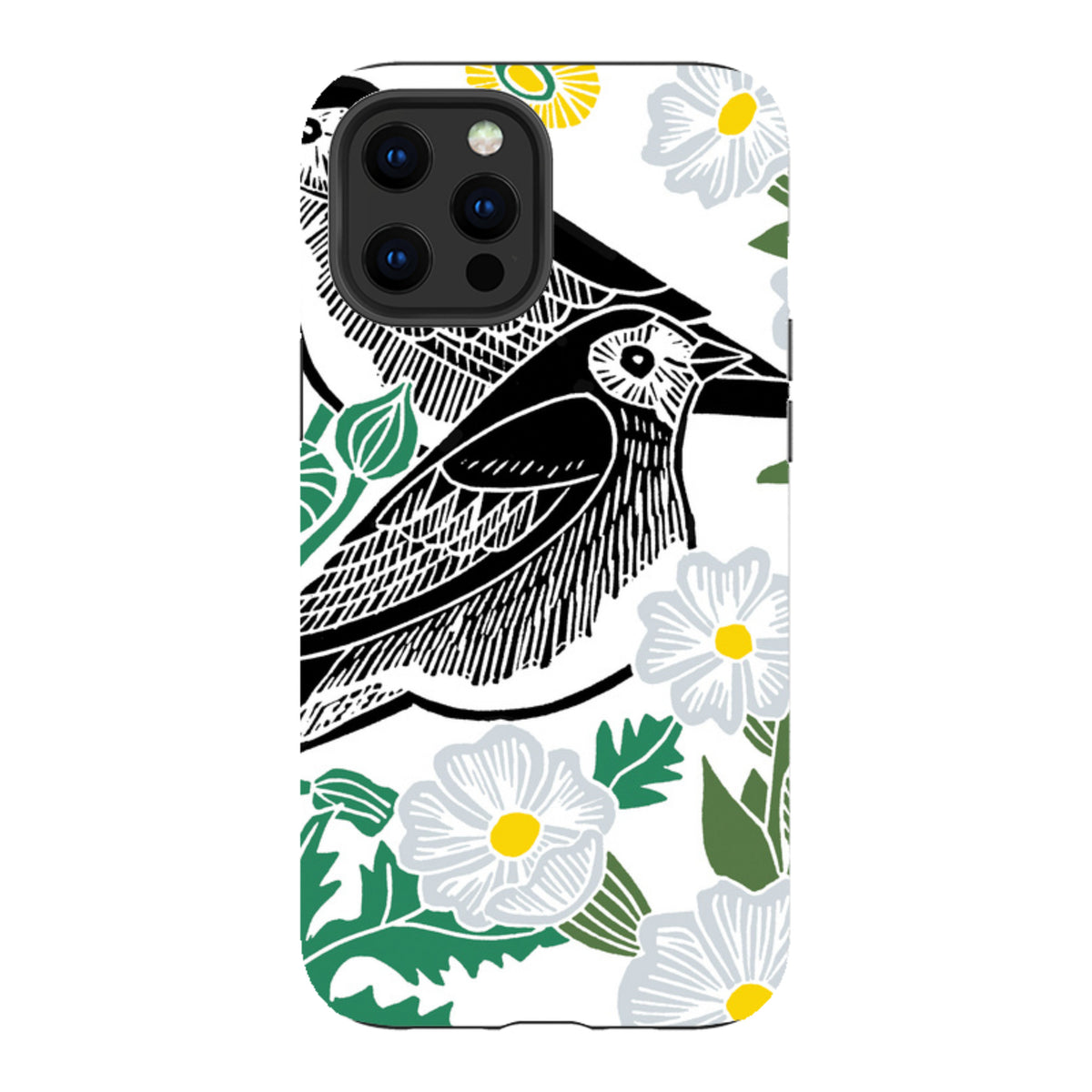 iPhone tough case featuring Kate Heiss’s Summer Wagtail art with black birds and white flowers on a white background.