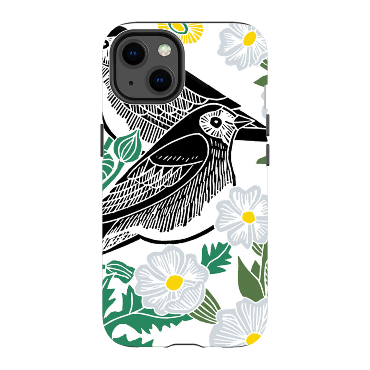 iPhone tough case featuring Kate Heiss's Summer Wagtail art with black birds and white flowers on a white background.
