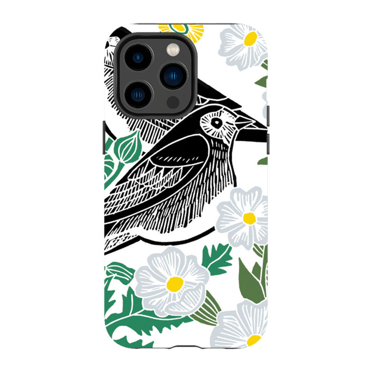 iPhone tough case featuring Kate Heiss's Summer Wagtail bird and floral art in black, white, green, and yellow.