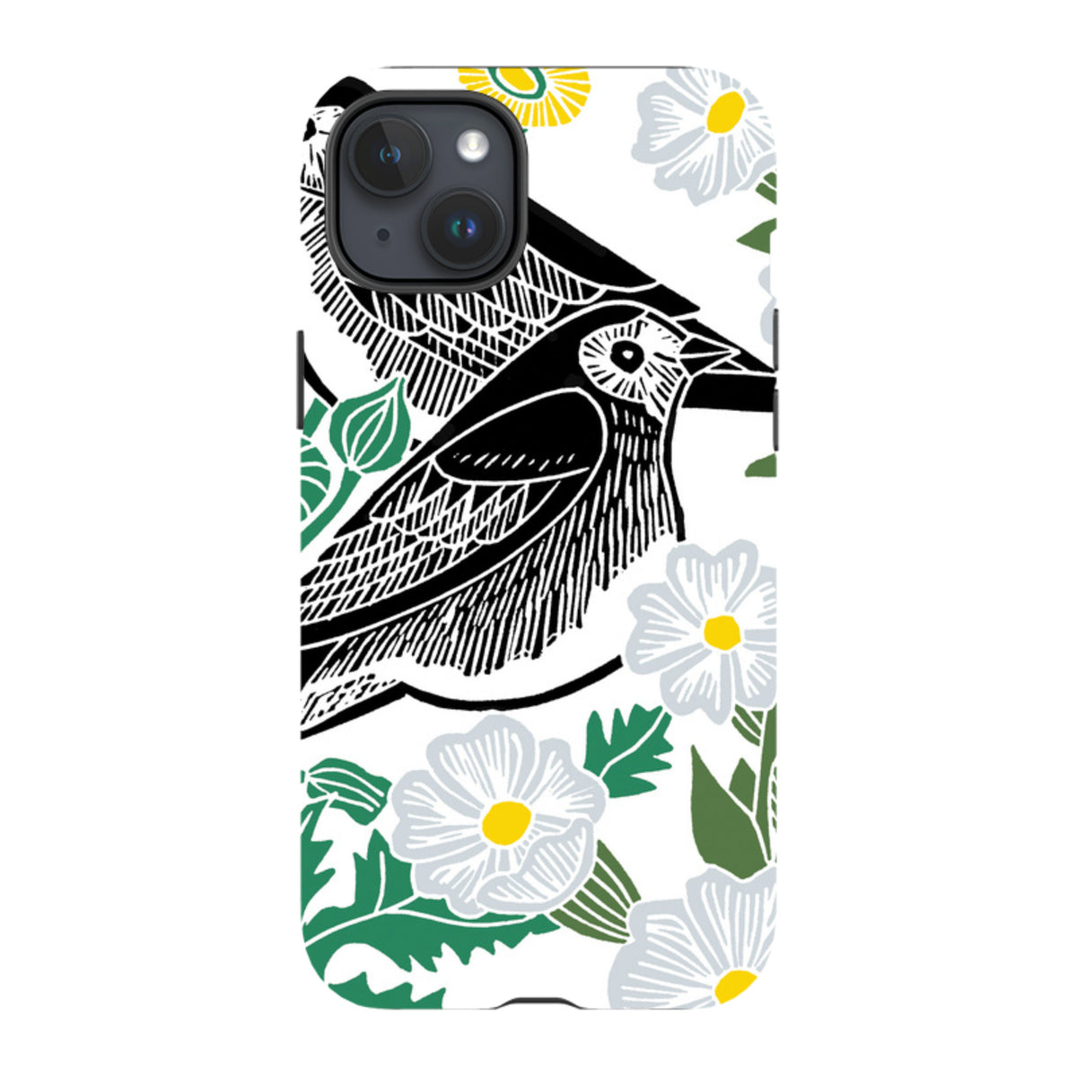 iPhone Tough Case featuring a black wagtail bird and white flowers with yellow centers on a white background.