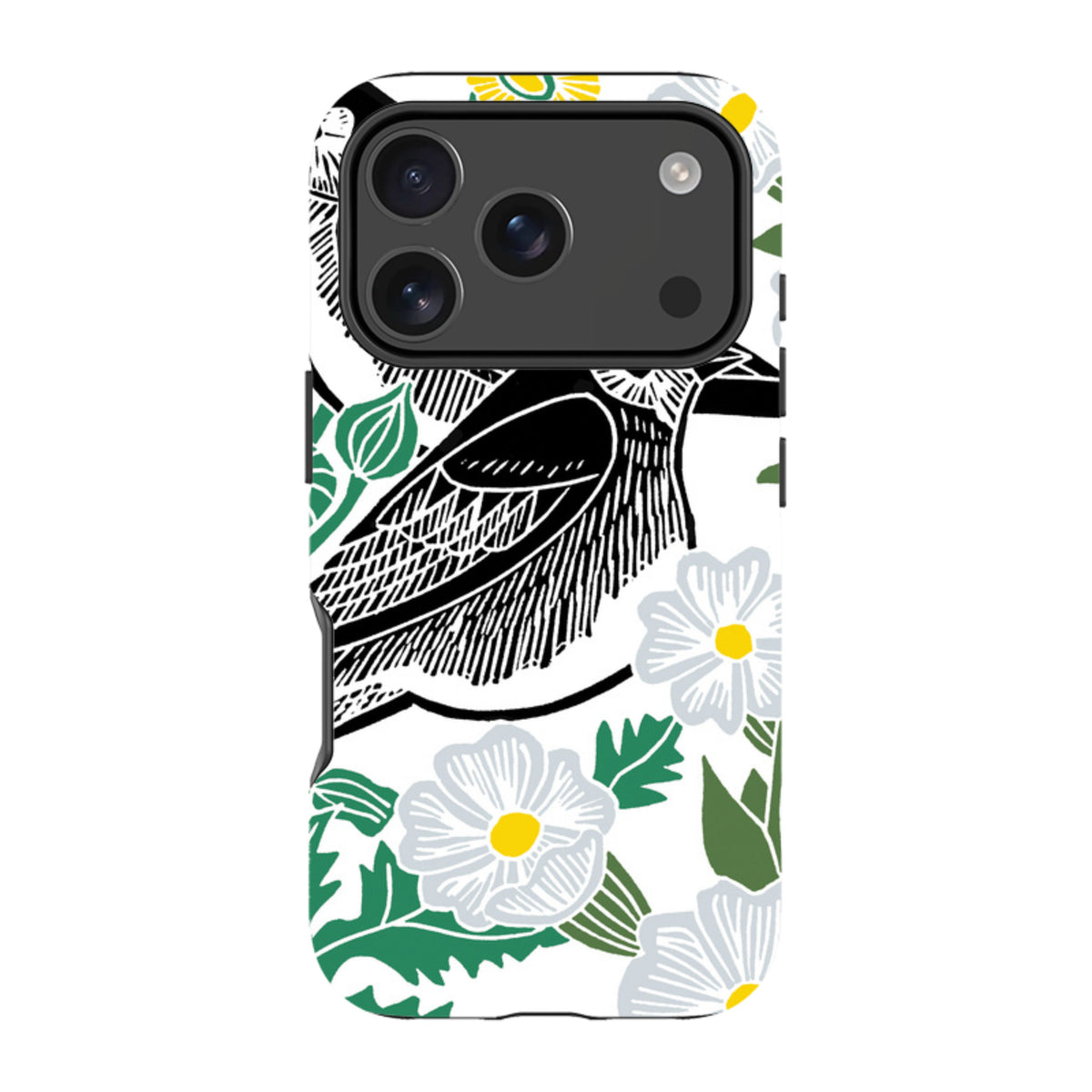 iPhone tough case featuring Kate Heiss Summer Wagtail art with a black bird and white flowers on a white background.