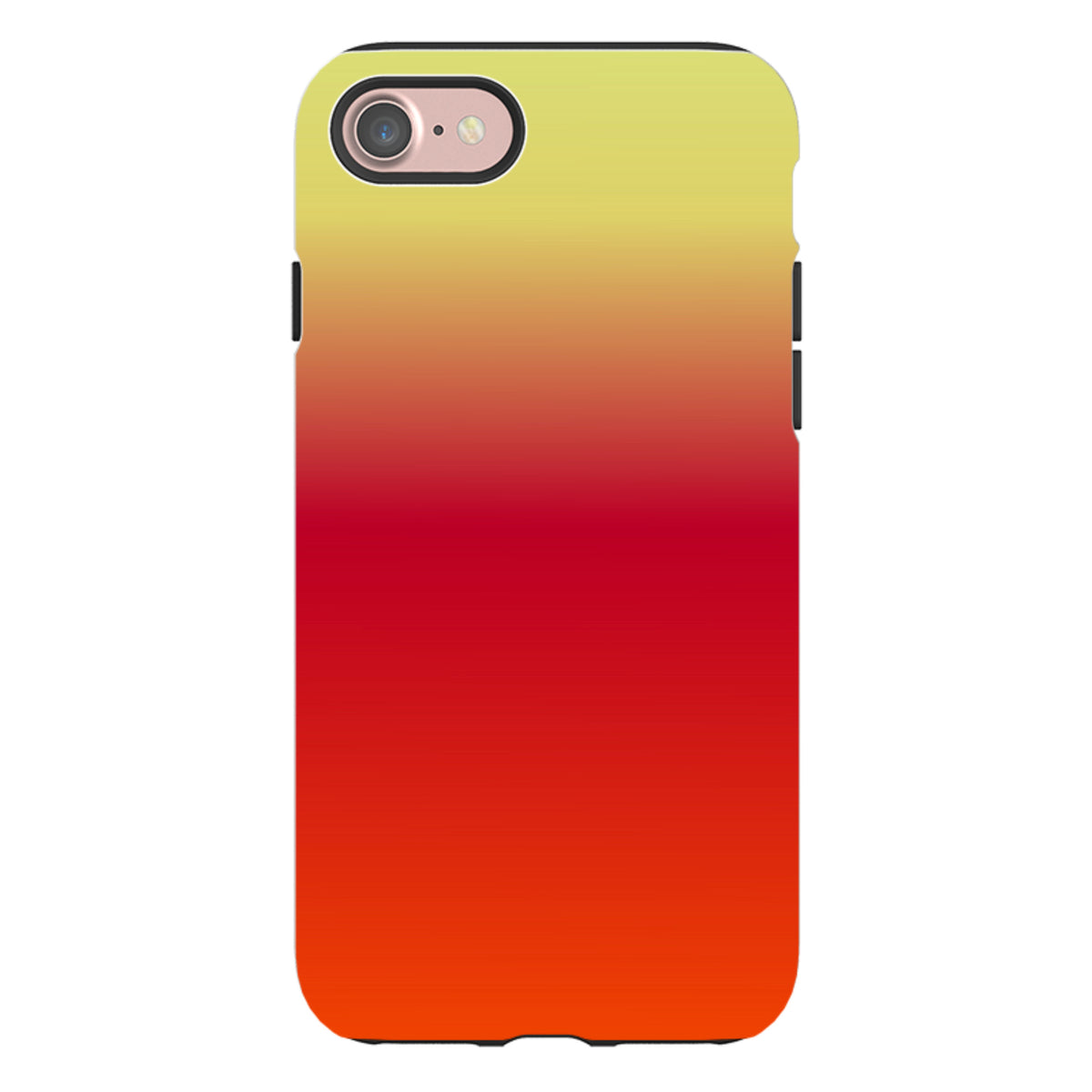 Dual-layer iPhone tough case featuring a vibrant yellow-to-red sun gradient design with a protective black inner liner.