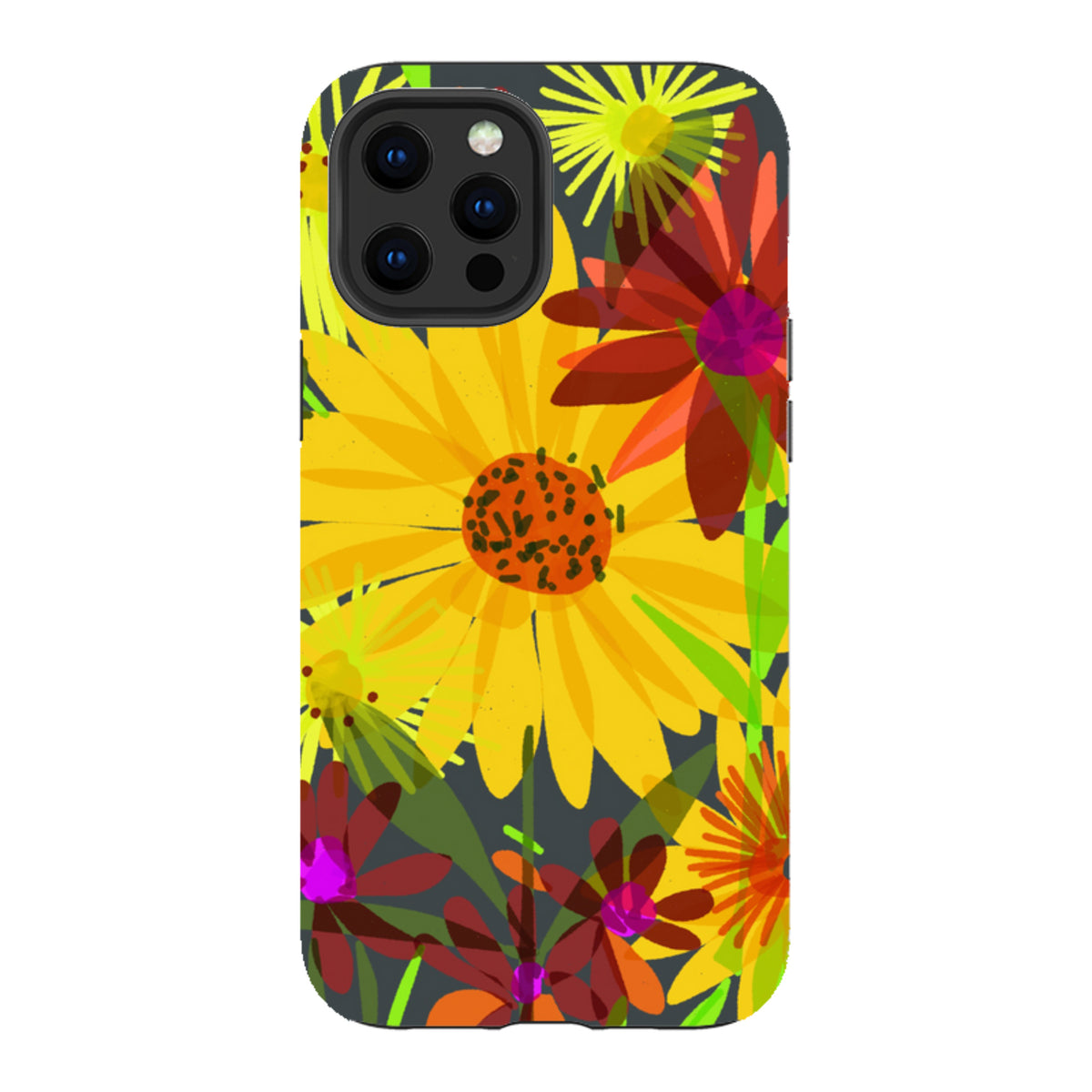iPhone tough case featuring Sarah Campbell’s vibrant yellow and red sunflower art on a dark gray background.