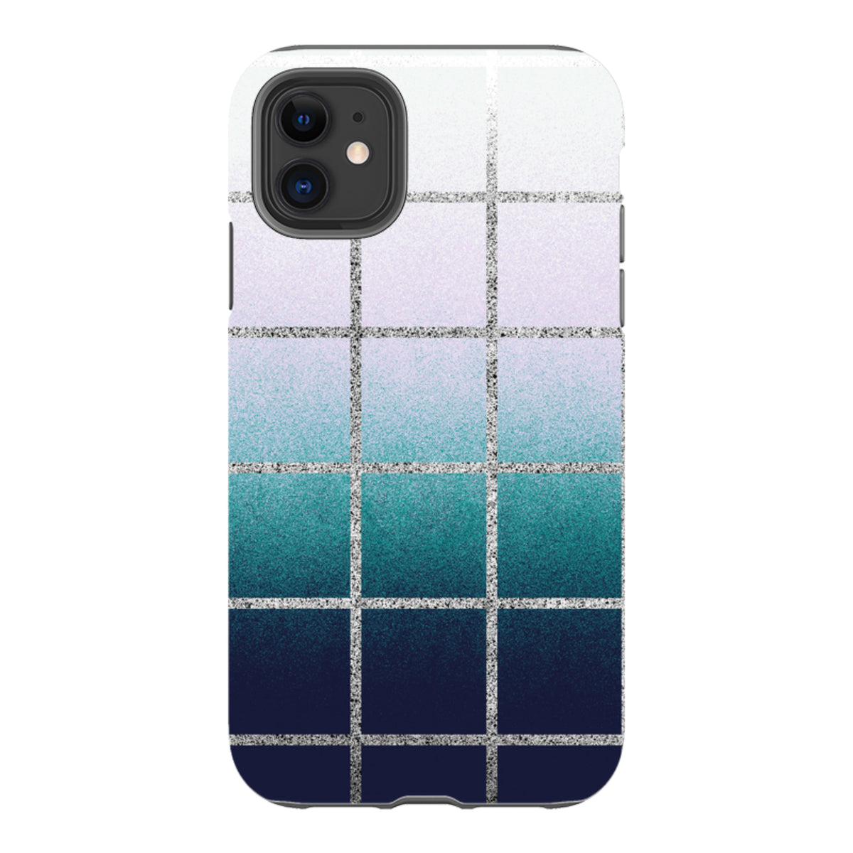 iPhone tough case with a grid pattern featuring a blue-to-white sunrise gradient and silver glitter lines.