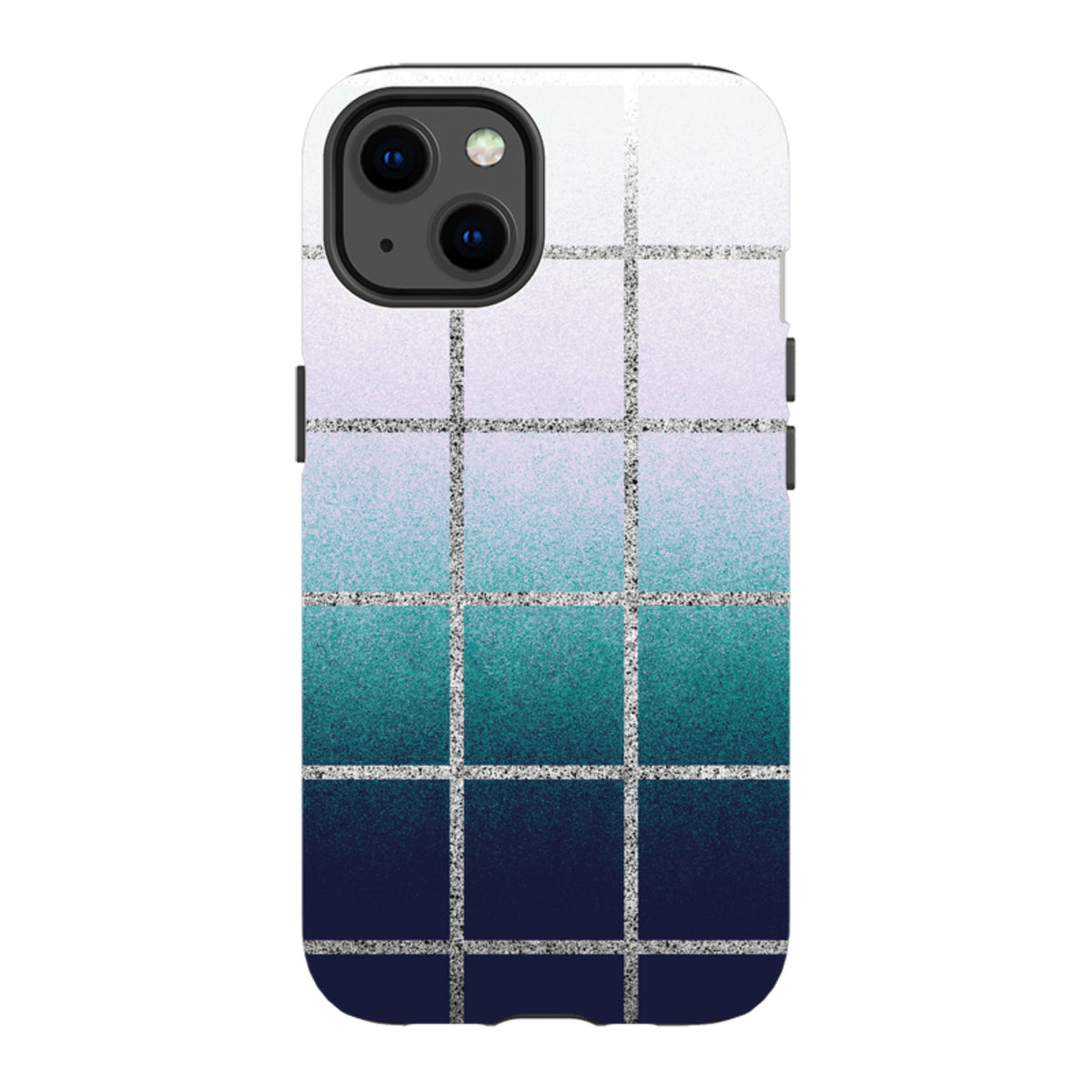 iPhone tough case with a white-to-navy blue gradient grid pattern and silver glitter lines for dual-layer protection.