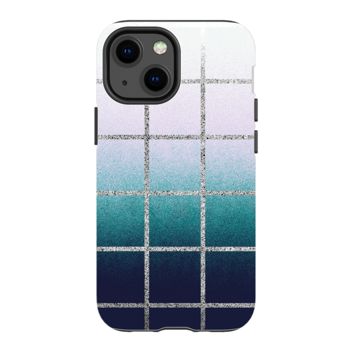 iPhone tough case with a grid pattern featuring a blue-to-white ombre gradient and silver textured lines.
