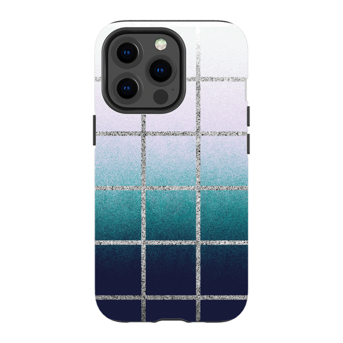 iPhone Tough Case with a blue and white gradient grid pattern and silver glitter lines by Kitty Joseph.