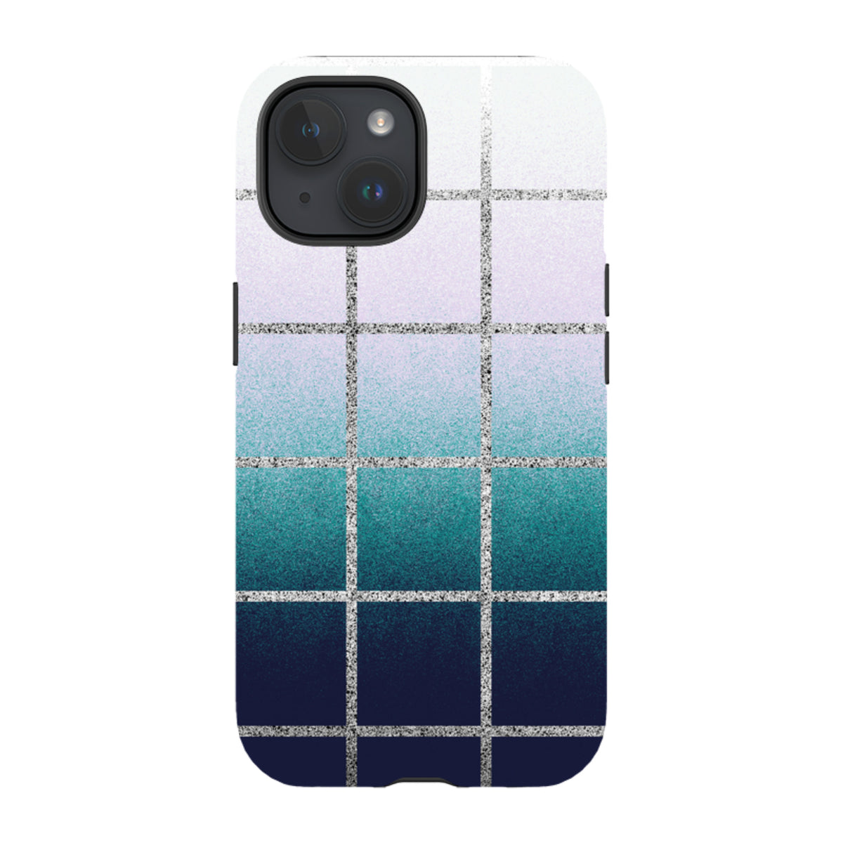 iPhone tough case with a sunrise window grid design featuring a blue to white gradient and silver glitter lines.