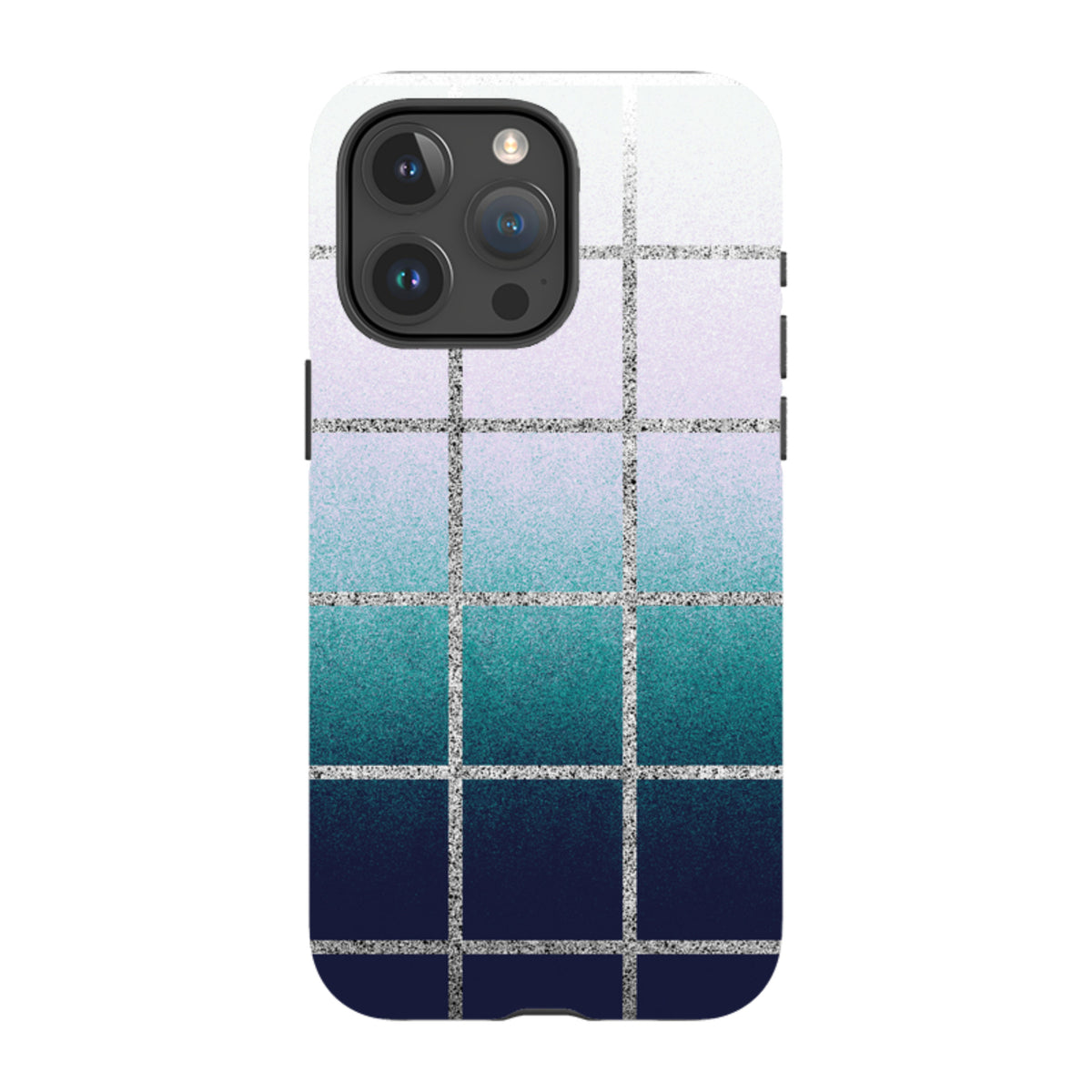 iPhone tough case with a grid pattern featuring a blue-to-white gradient and silver glitter lines.