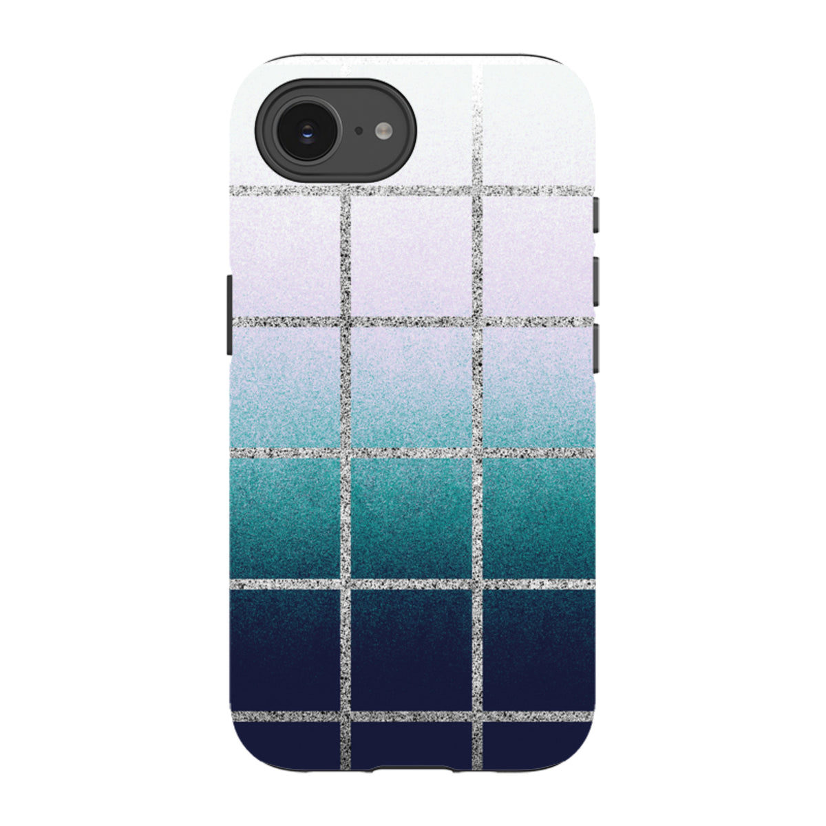 iPhone Tough Case with a grid pattern featuring a white to dark blue gradient and silver glitter accents.