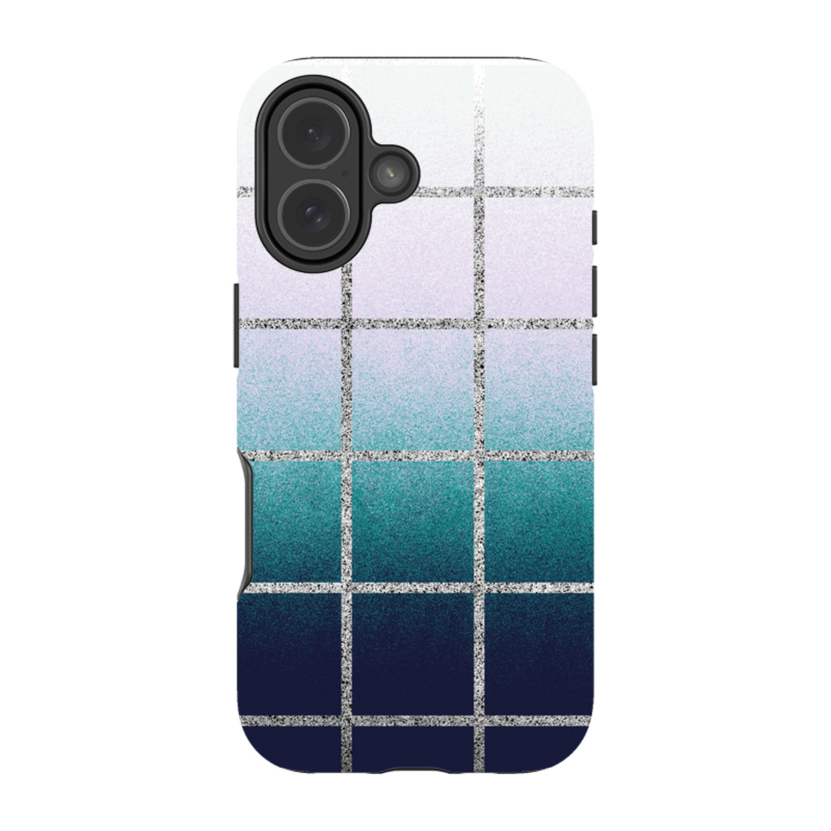 iPhone tough case with a Sunrise Window grid design featuring a white-to-navy blue gradient and silver glitter lines.
