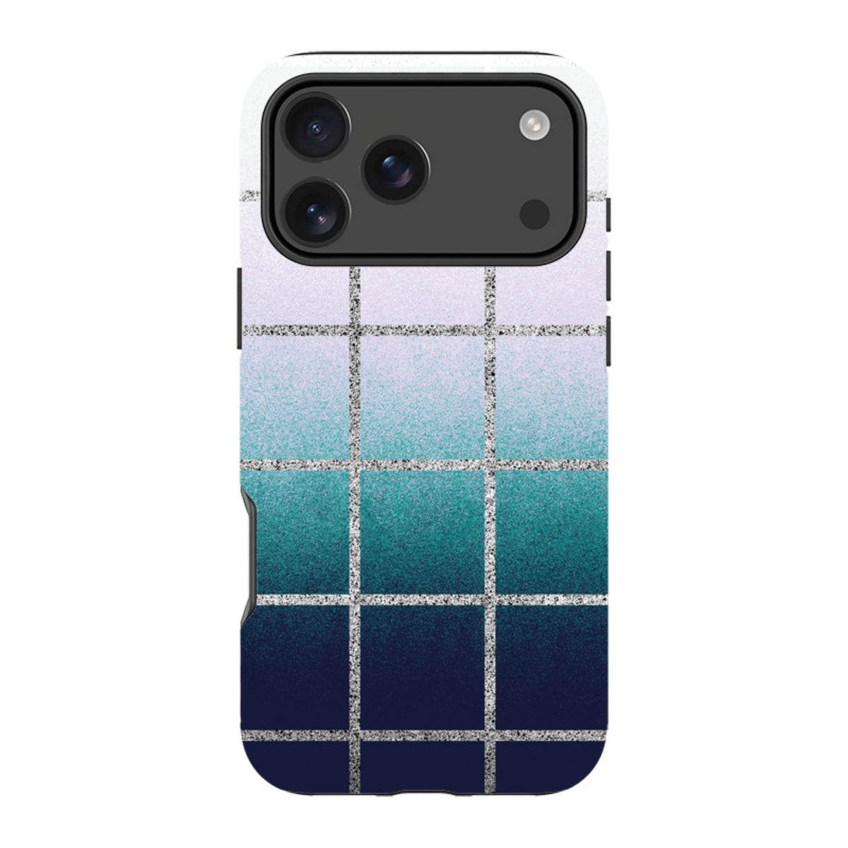 iPhone tough case with a grid pattern, featuring a blue-to-white sunrise gradient and a textured, sparkly finish.