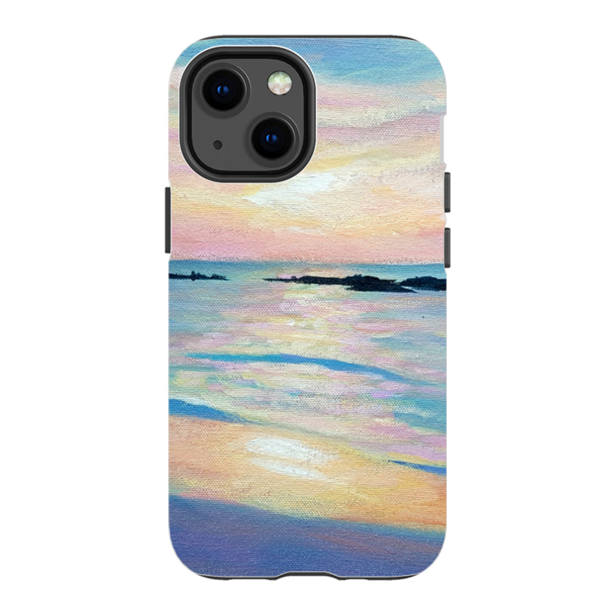 iPhone tough case featuring a colorful sunset painting with dual-layer protection and a precise camera cutout.